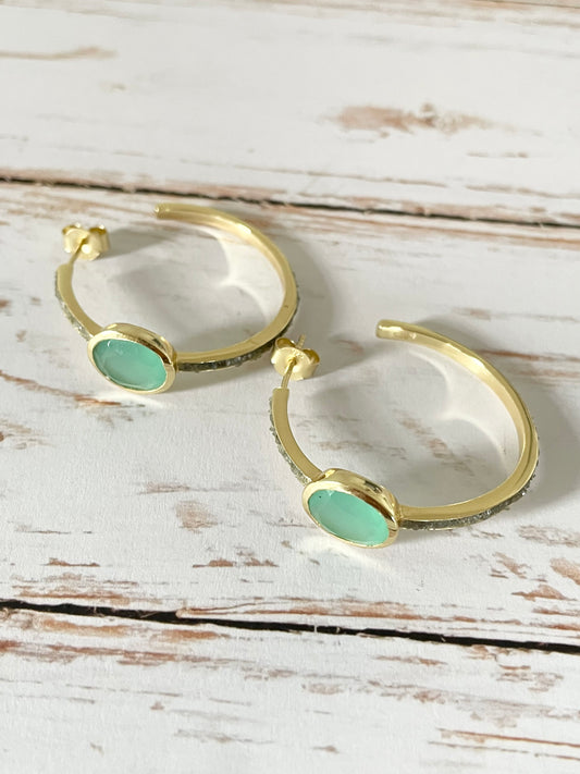 18K Gold Electroplated Hoops  ~ Chalcedony/Raw Labradorite