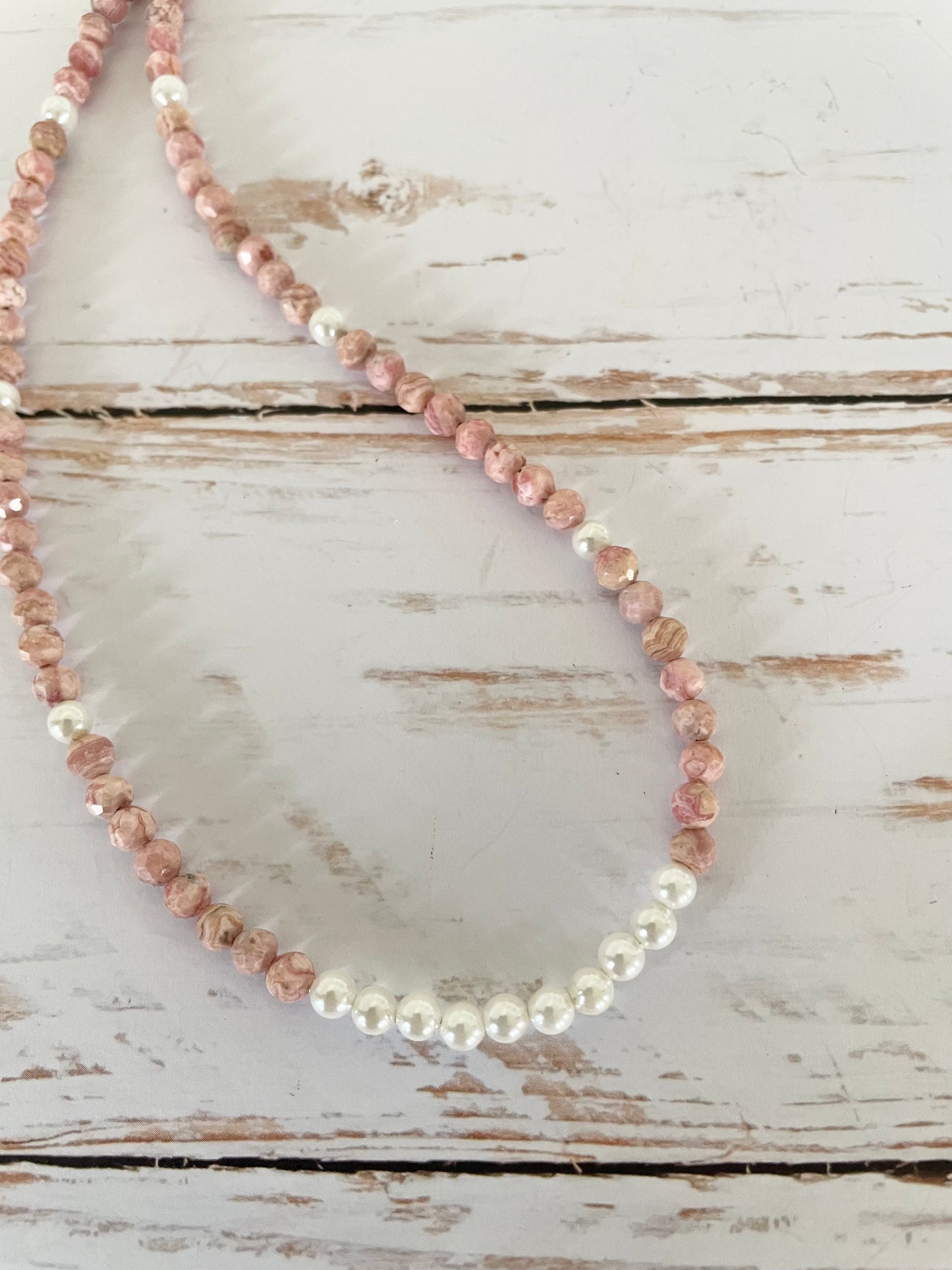 Rhodochrosite & Pearl Faceted Necklace - Made by Wayne