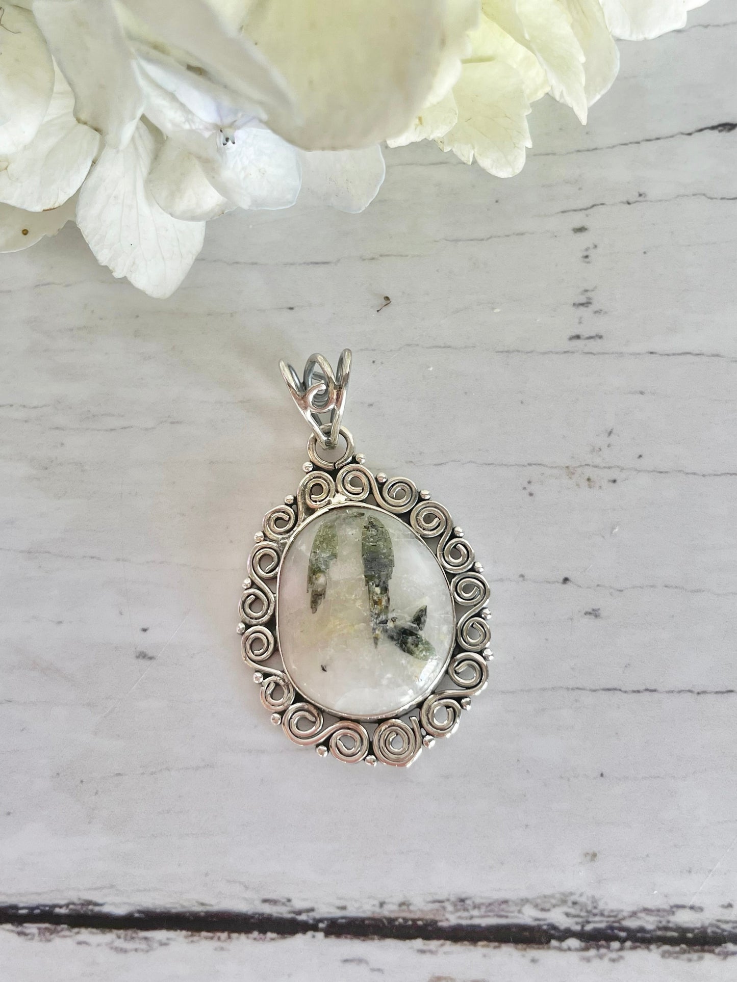 Green Tourmaline in Quartz Pendant
