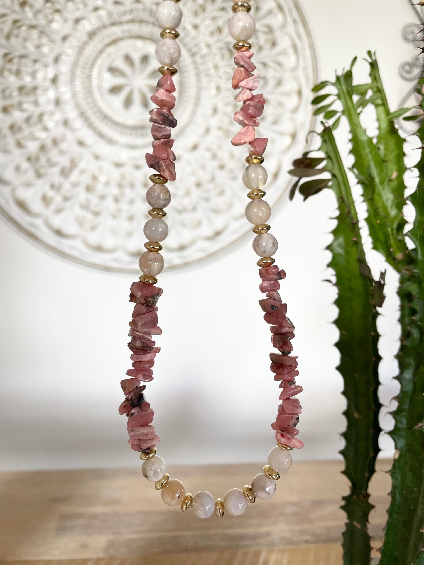 Rhodochrosite & Flower Agate Gold Plated Necklace - Made by Wayne