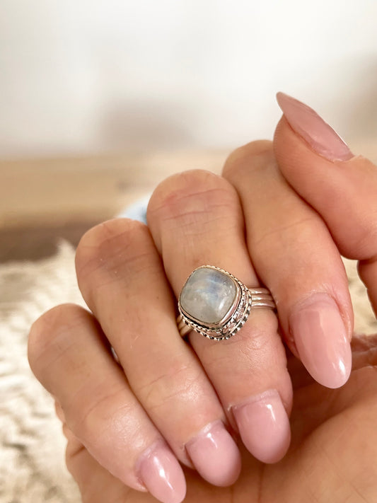 Rainbow Moonstone Ring - Size 8