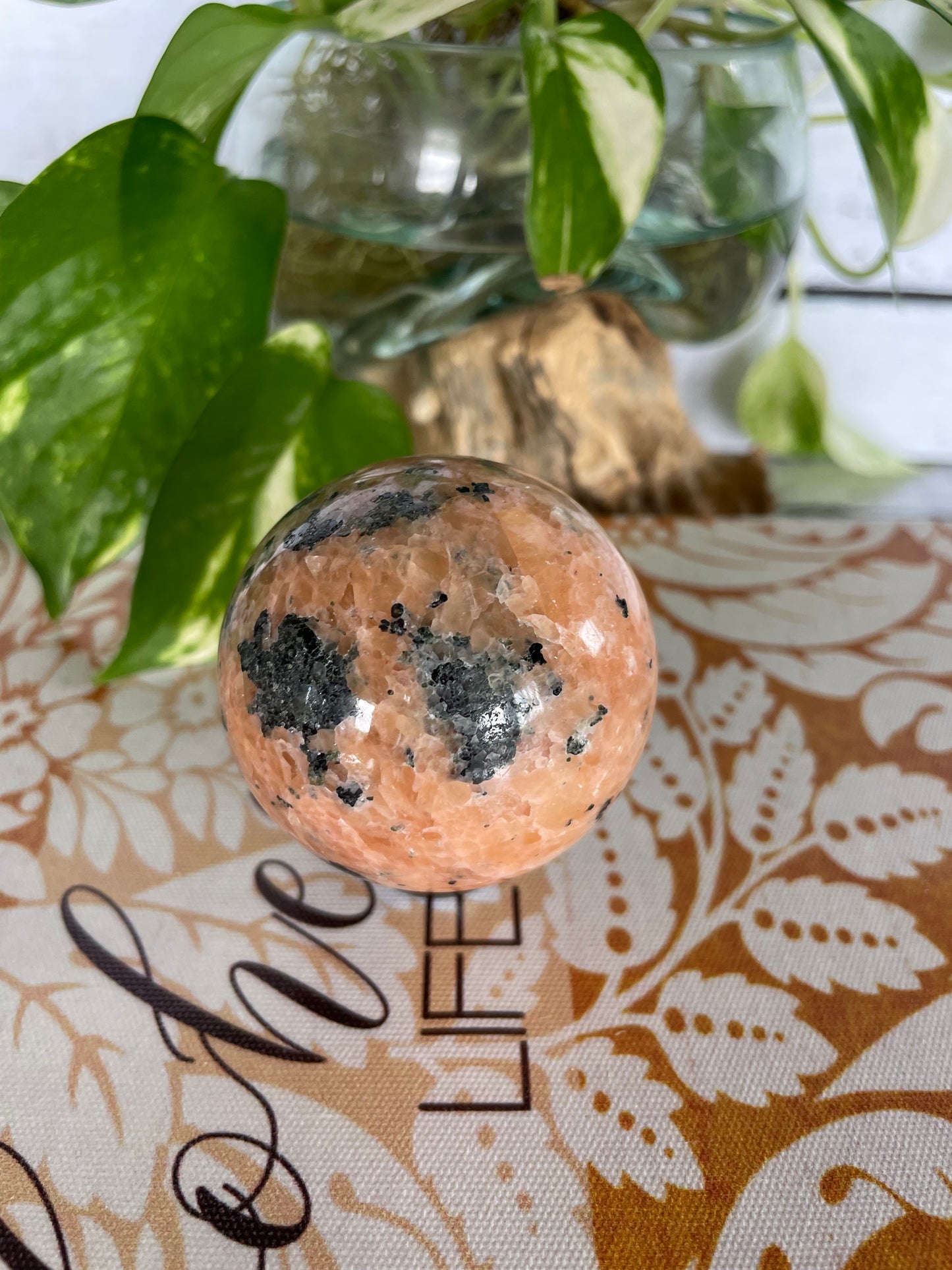 Orchid Calcite with Tourmaline Sphere Includes Wooden Holder