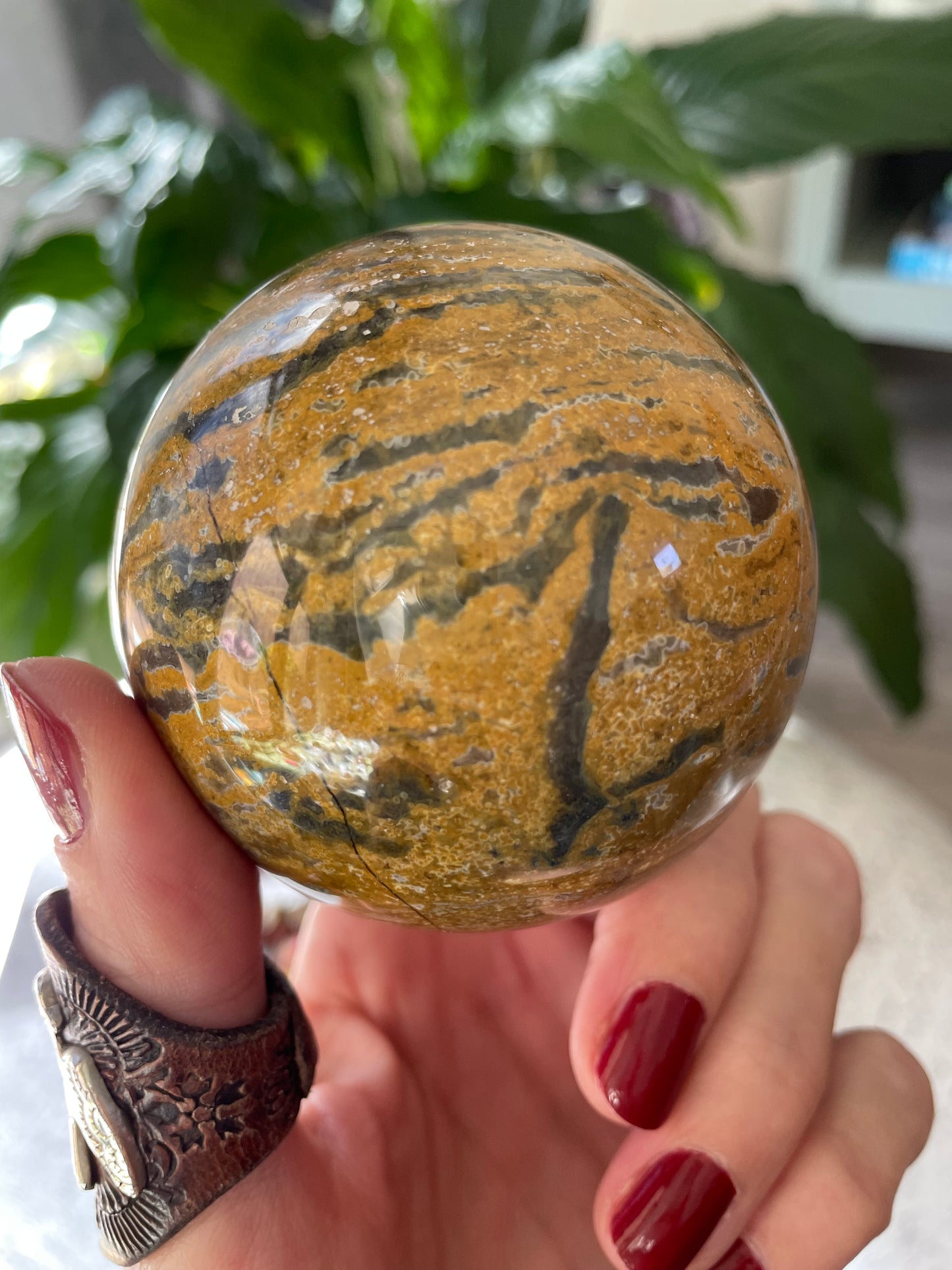 Ocean Jasper Druzy Sphere Includes Wooden Holder