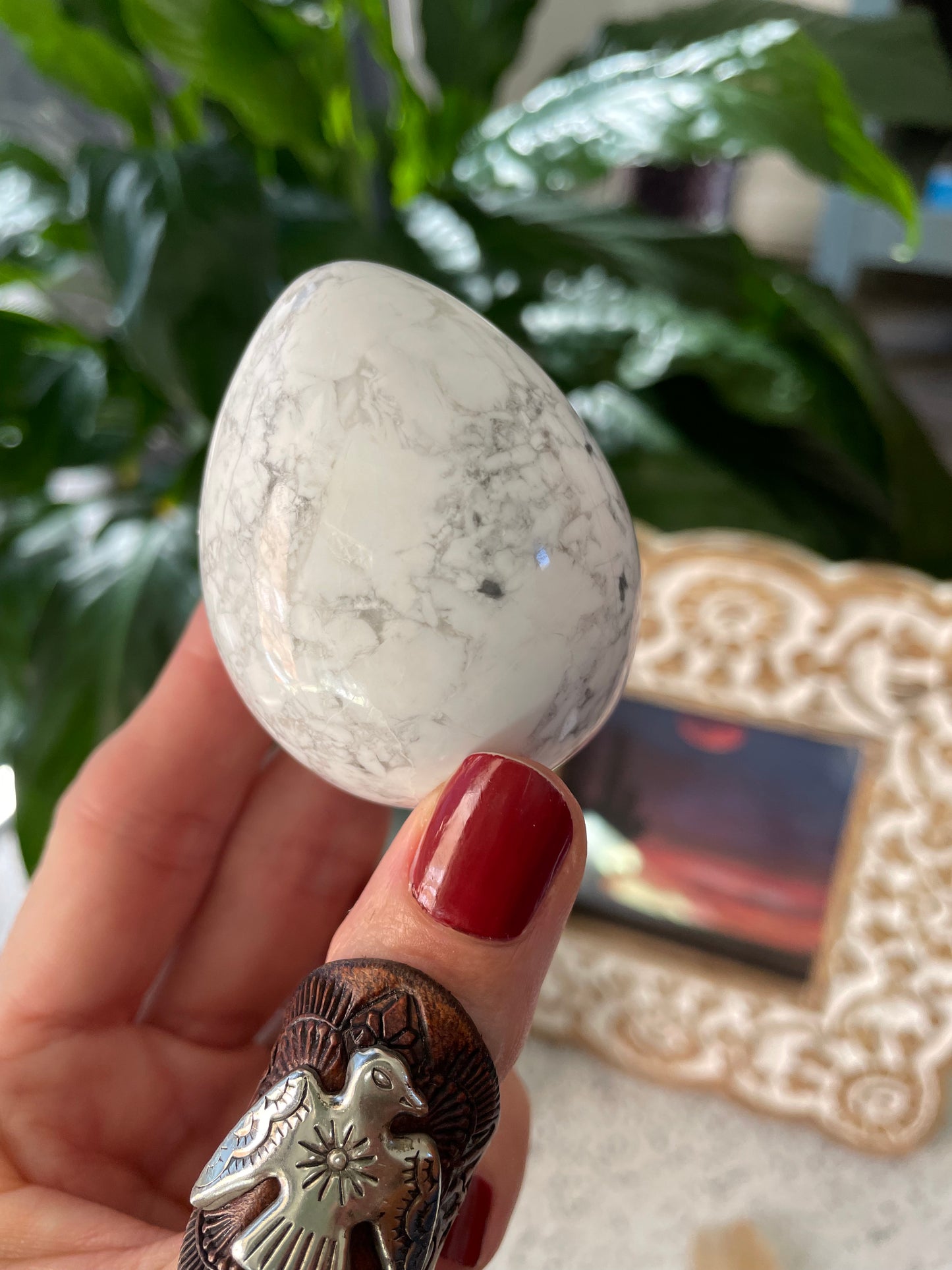 White Howlite Egg Includes Hematite Ring