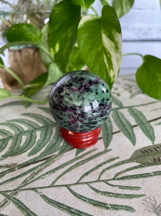 Ruby Zoisite Sphere Includes Wooden Holder