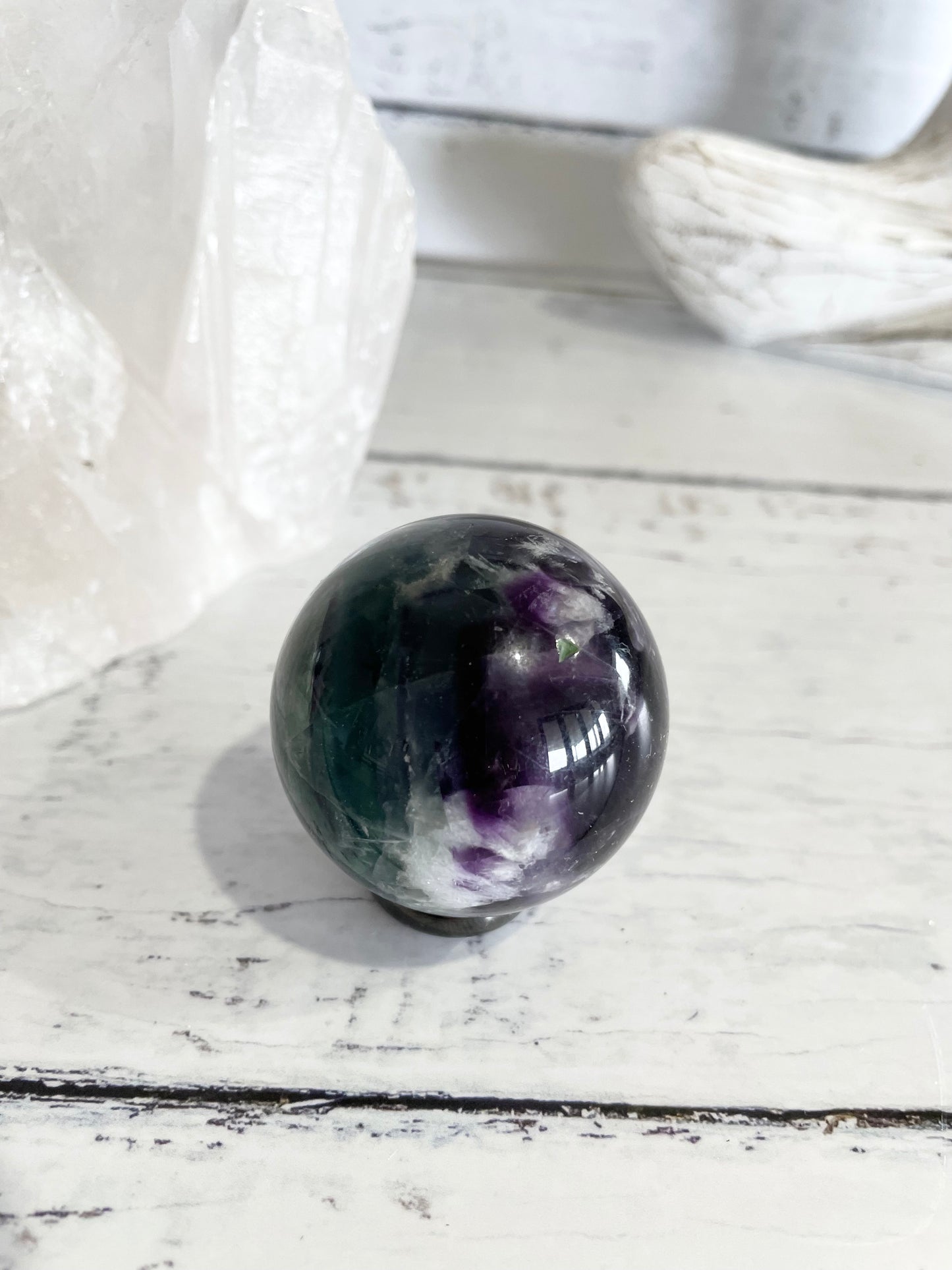 Rainbow Fluorite Sphere Includes Wooden Holder