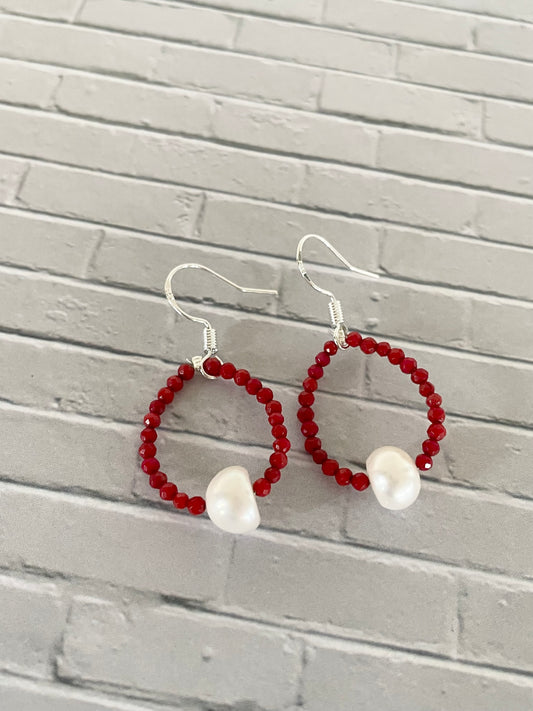 Faceted Red Coral/Pearl Dangles