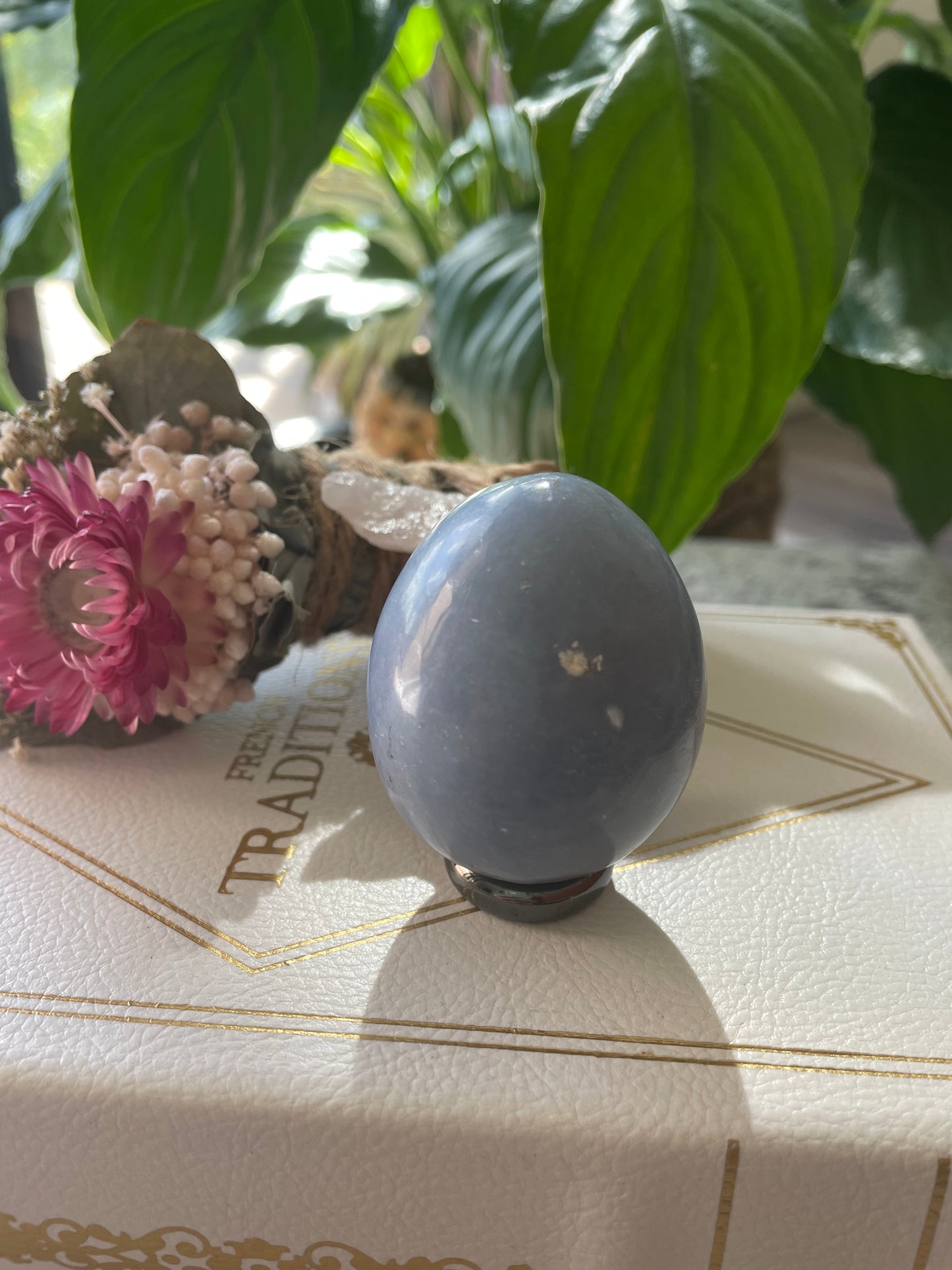 Angelite Egg Includes Hematite Ring