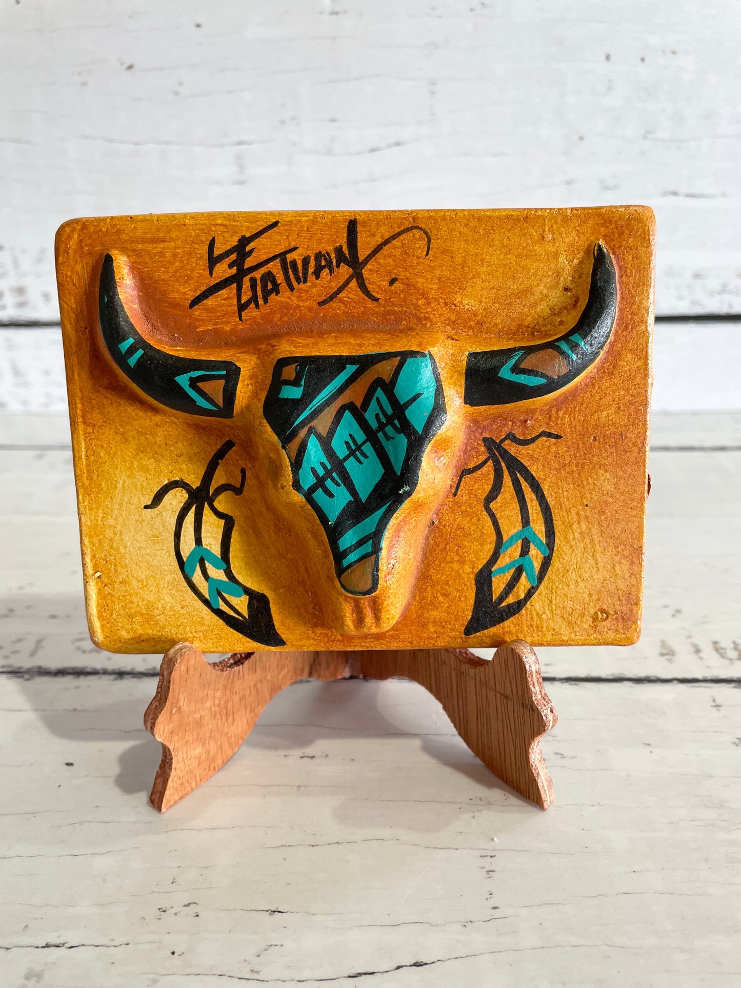 Navajo Pottery Plaque with Stand ~ Bull Skull