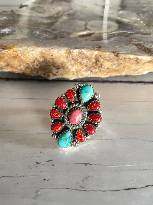 Thulite & Kingman Turquoise Adjustable Ring ~ Size 7 - 9.5