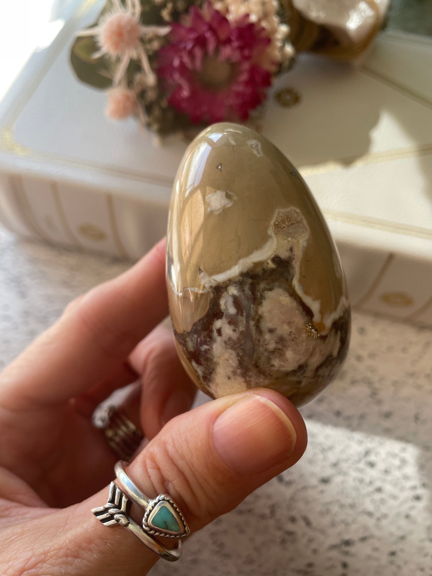 Spotted Agate Egg Includes Hematite Ring