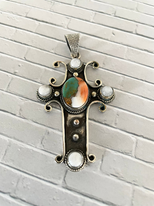 Spiny Oyster/Moonstone Patina Cross Pendant