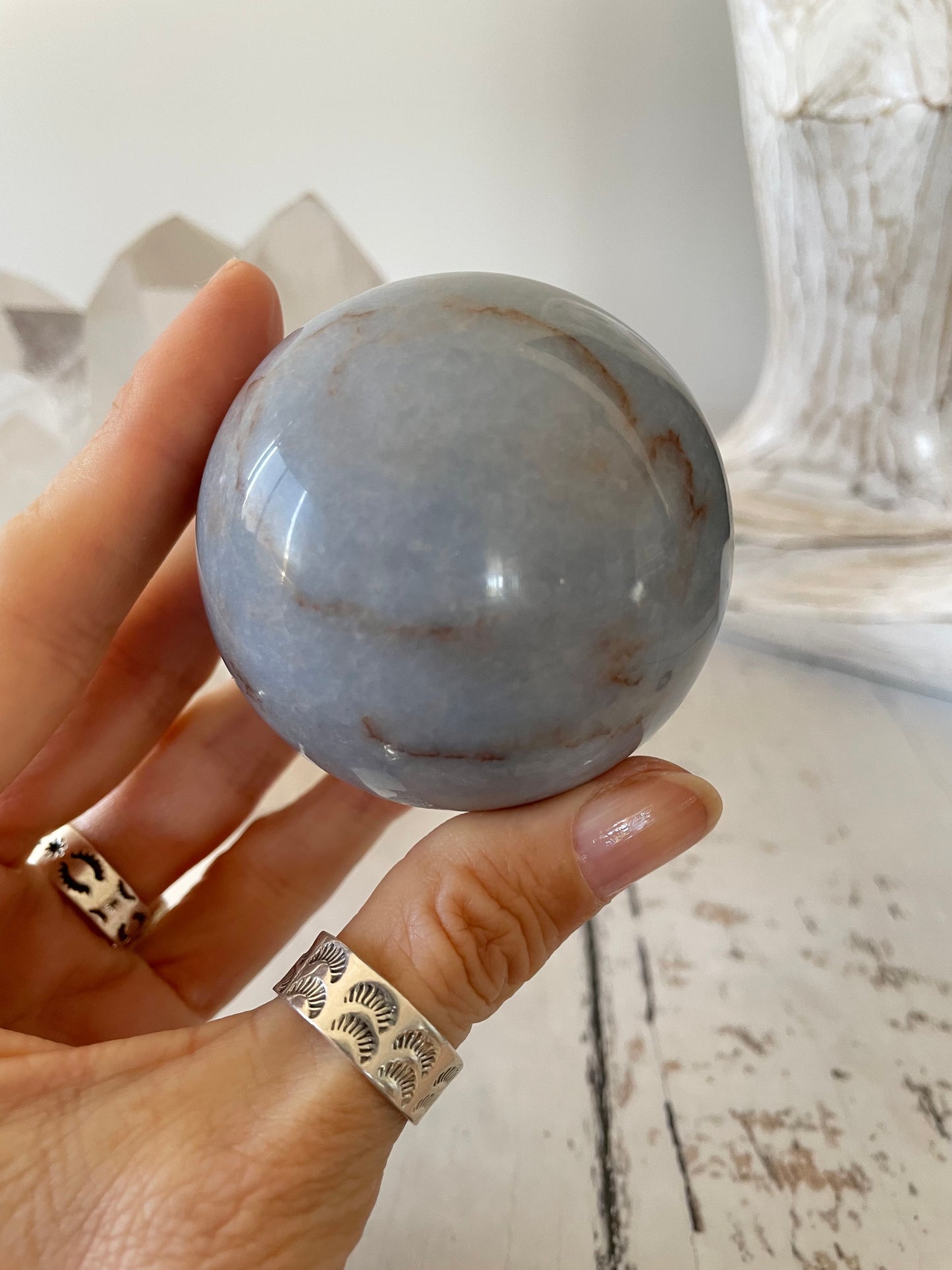 Angelite Sphere Includes Wooden Holder