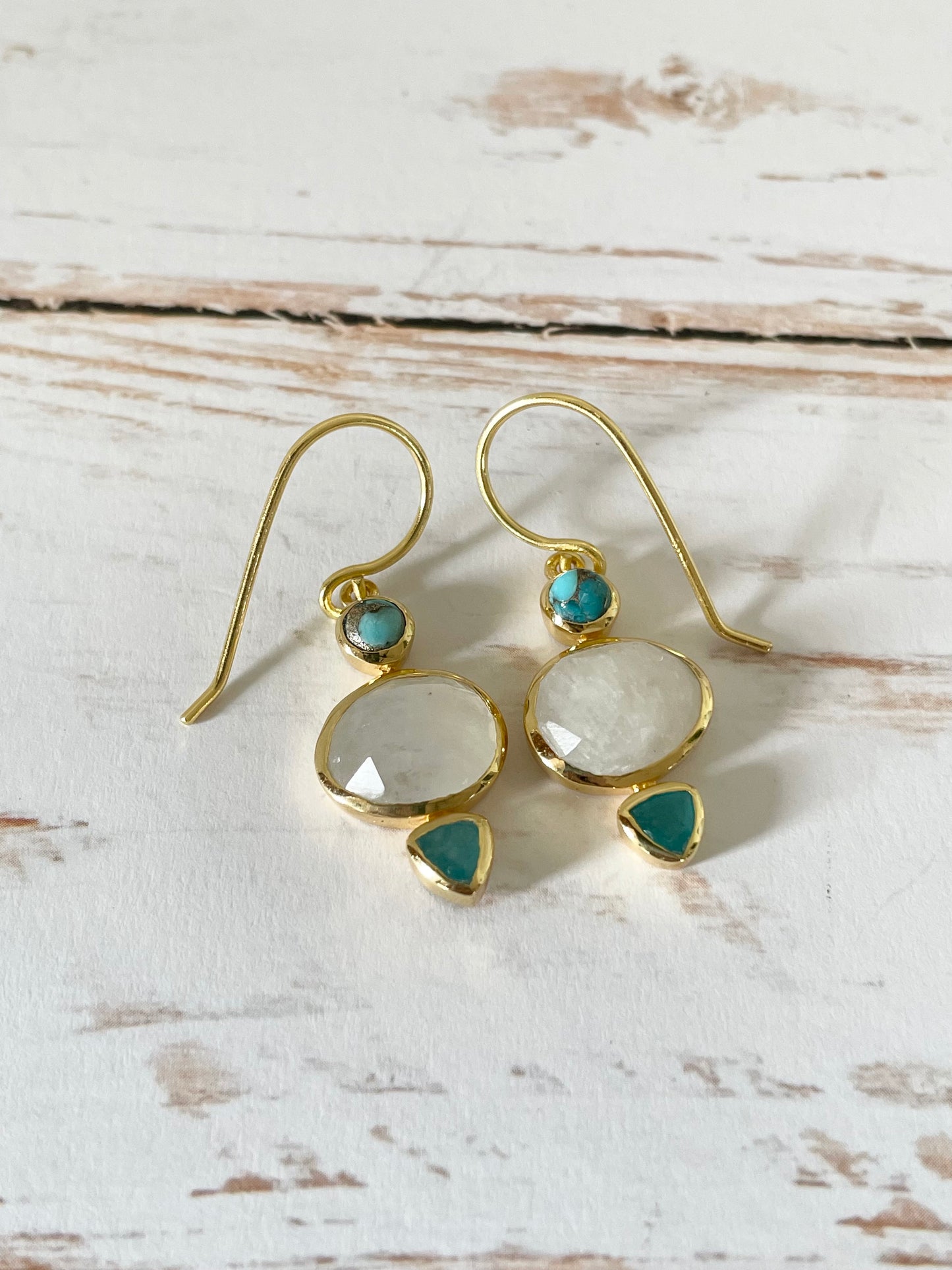 18K Gold Electroplated Dangles  ~ Moonstone & Turquoise