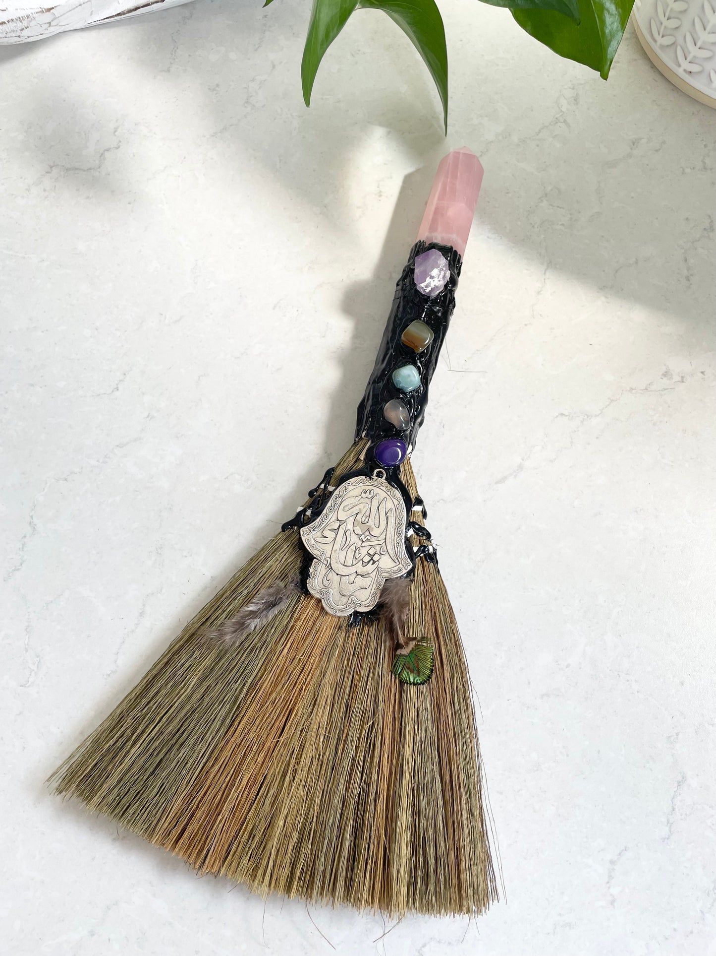 Crystal Feather Besom ~ Rose Quartz