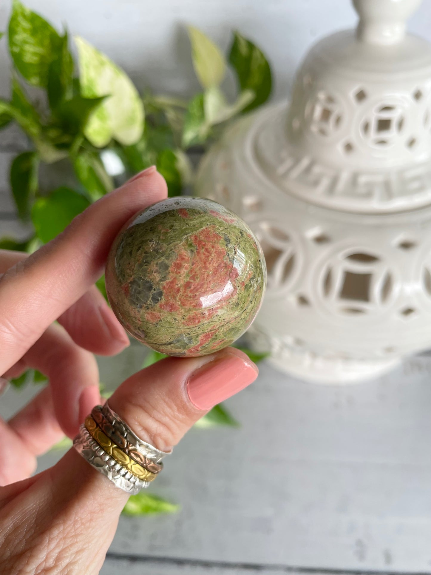 Unakite Sphere Includes Wooden Holder