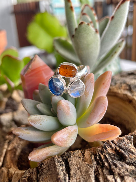 Blue Kyanite, Carnelian & Moonstone Silver Ring