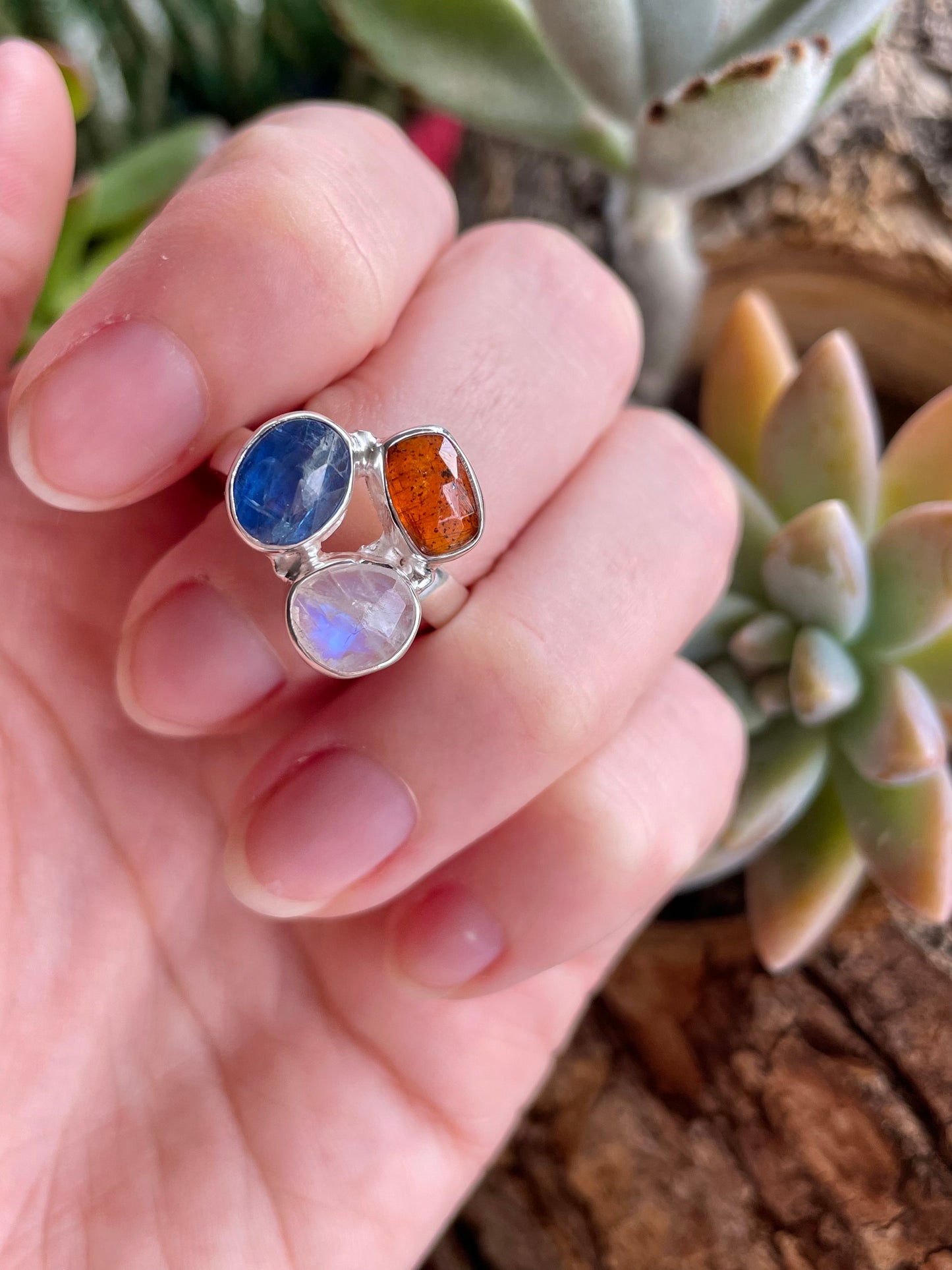 Blue Kyanite, Carnelian & Moonstone Silver Ring