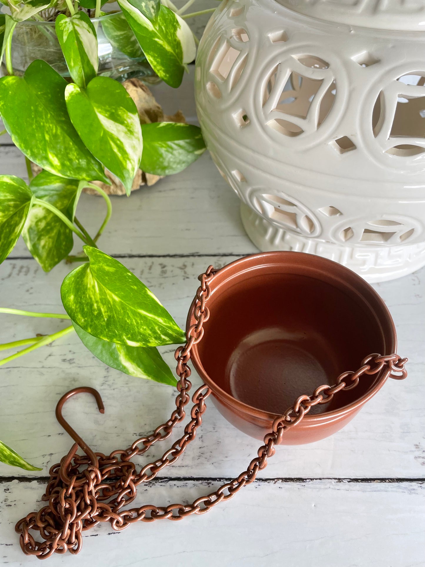 Copper hanging herb bowl