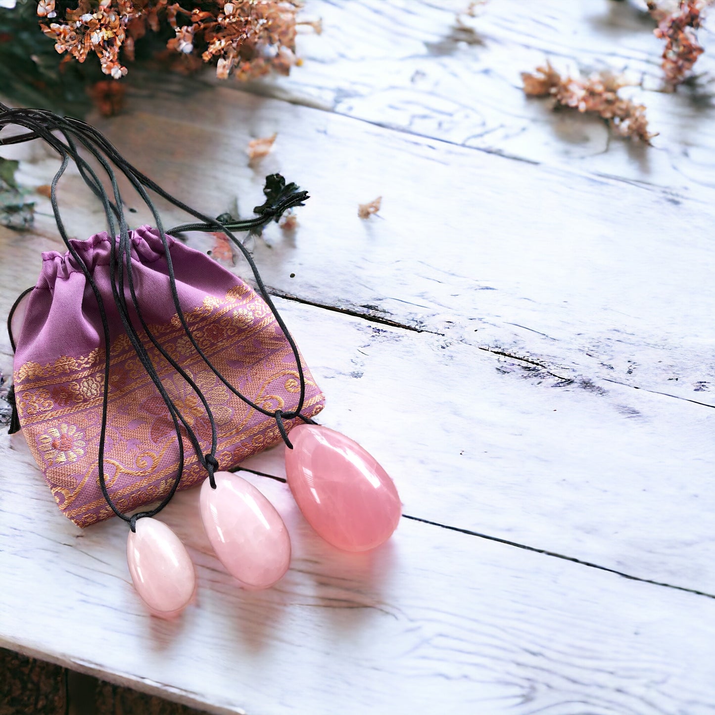 Yoni Eggs ~ Rose Quartz Set of 3 with Sari pouch