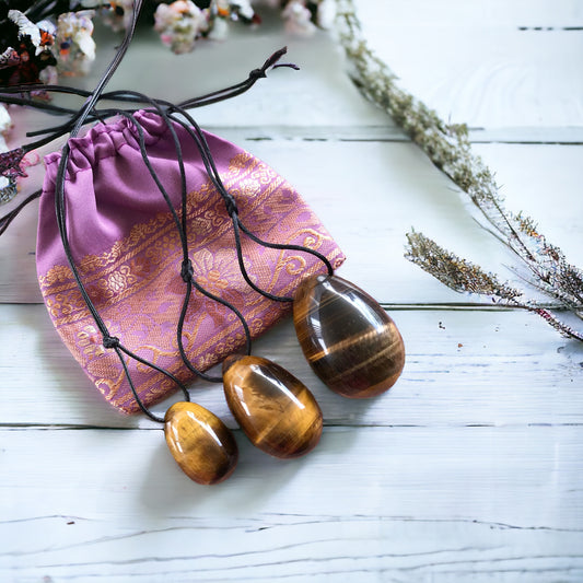 Yoni Eggs ~ Tigers Eye Set of 3 with Sari pouch