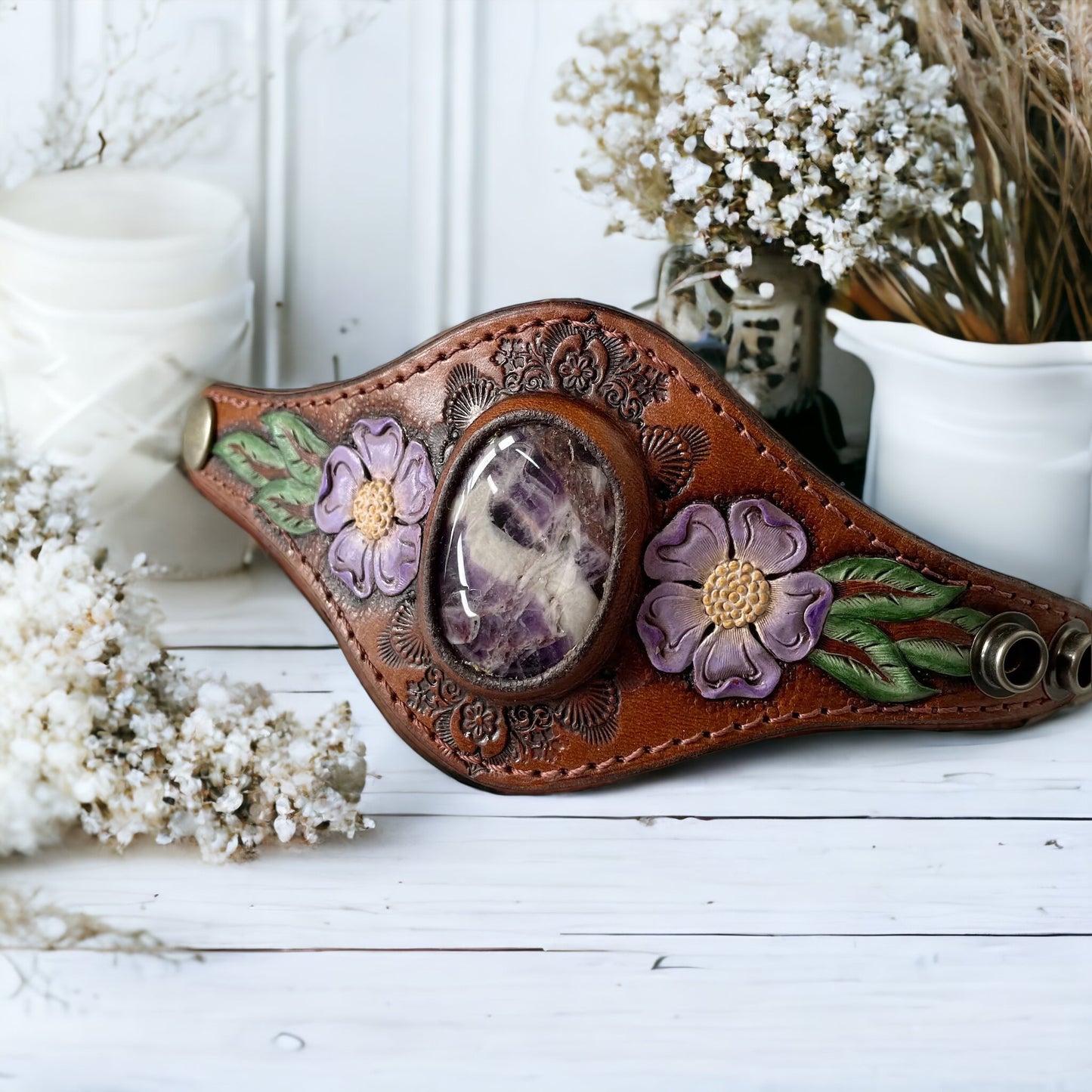 Leather Cuff Desert Bloom ~ Chevron Amethyst