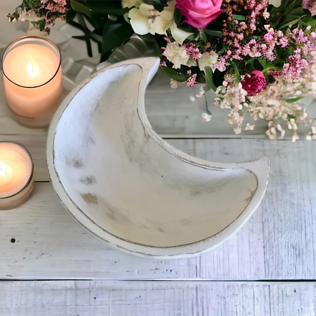 Crescent Moon Wooden Bowl ~ White Wash Rustic