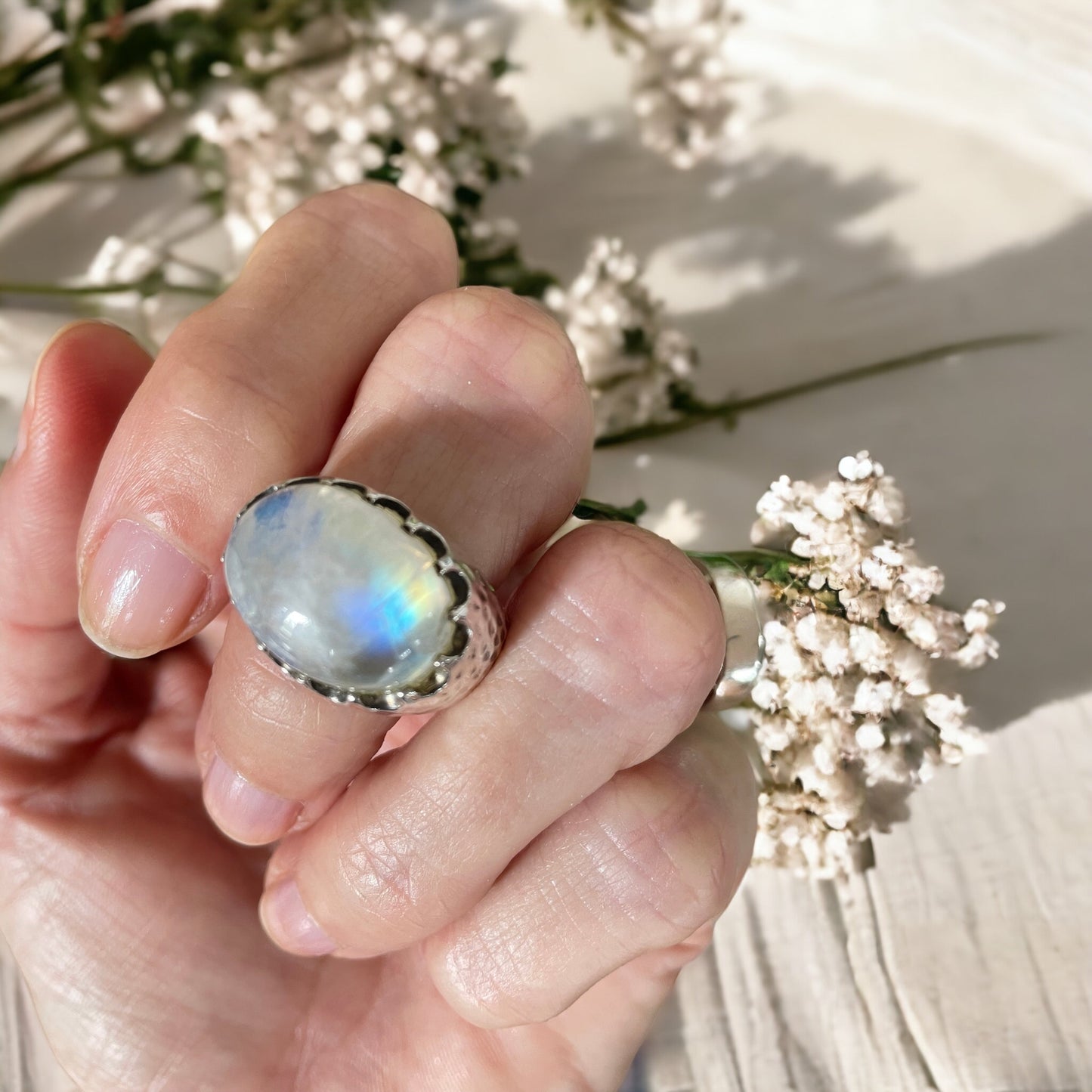 Sam ~ Rainbow Moonstone Silver Ring