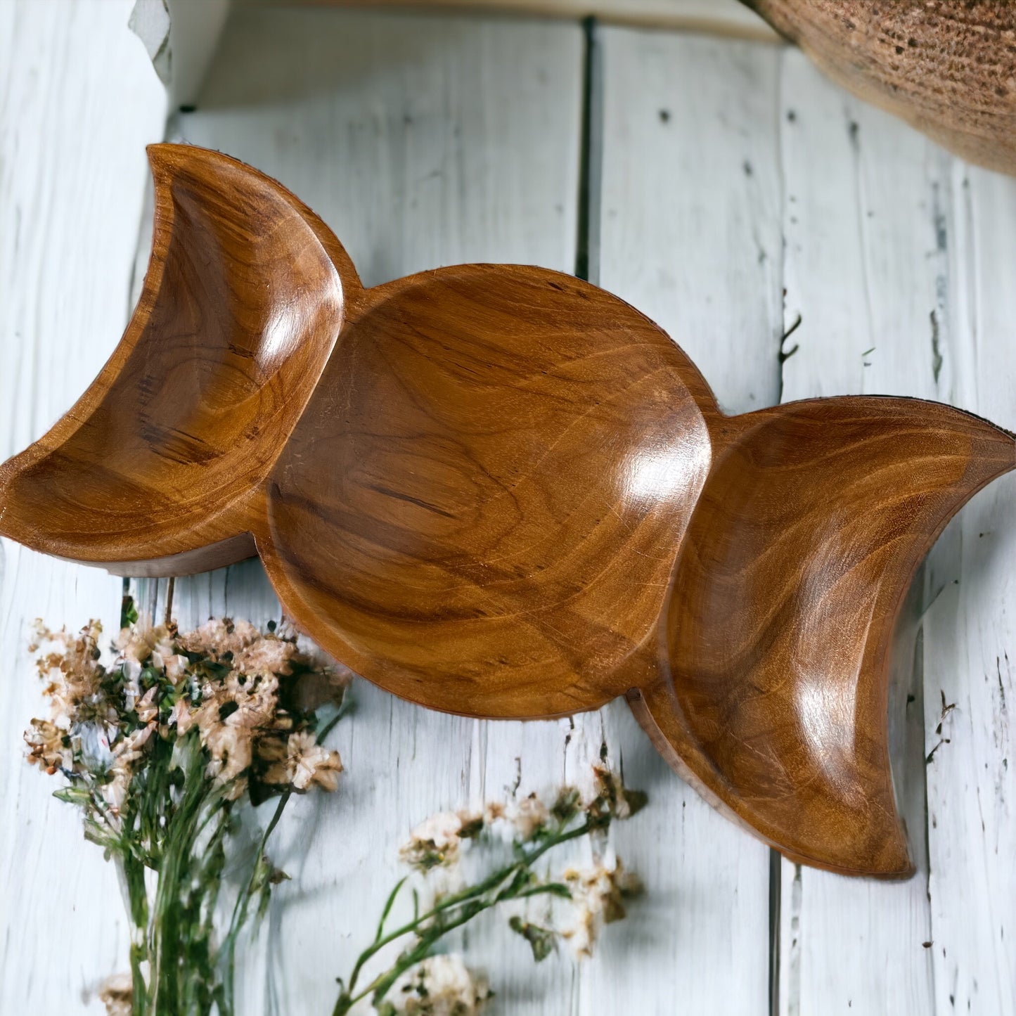 Wooden Teak Bowl ~ Triple Moon