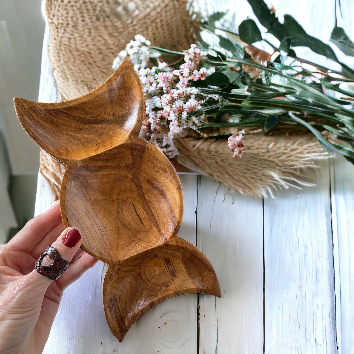 Wooden Teak Bowl ~ Triple Moon