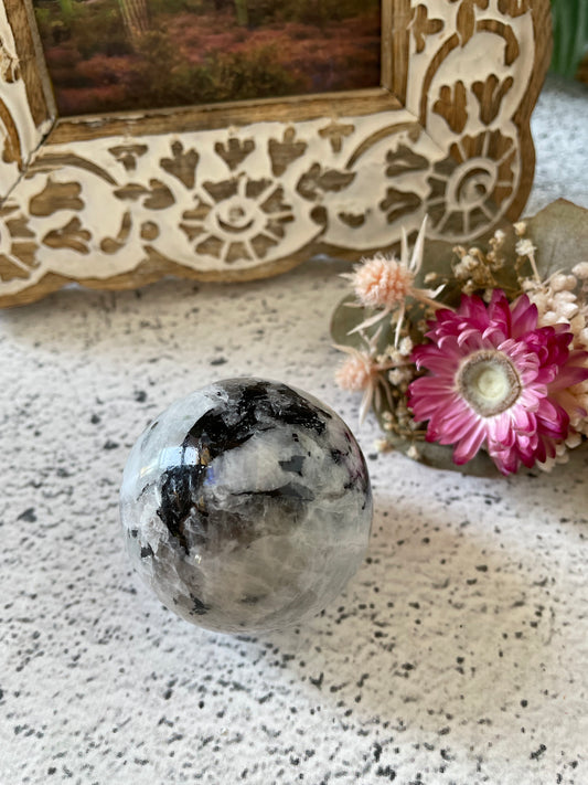 Rainbow Moonstone Sphere Includes Wooden Holder