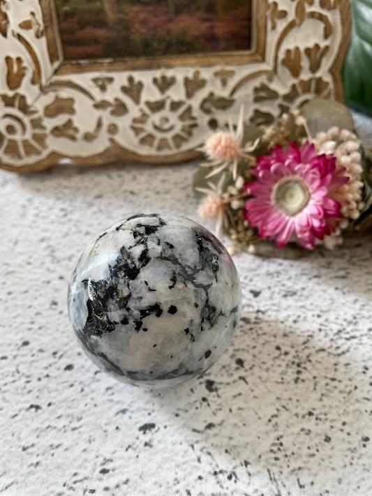 Rainbow Moonstone Sphere Includes Wooden Holder