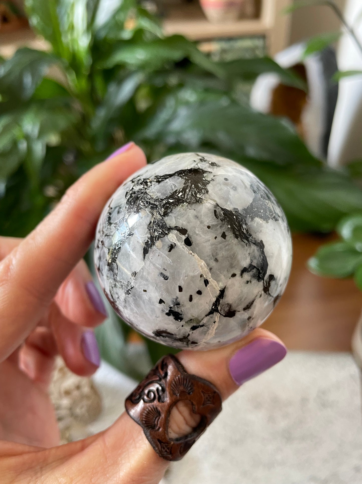 Rainbow Moonstone Sphere Includes Wooden Holder