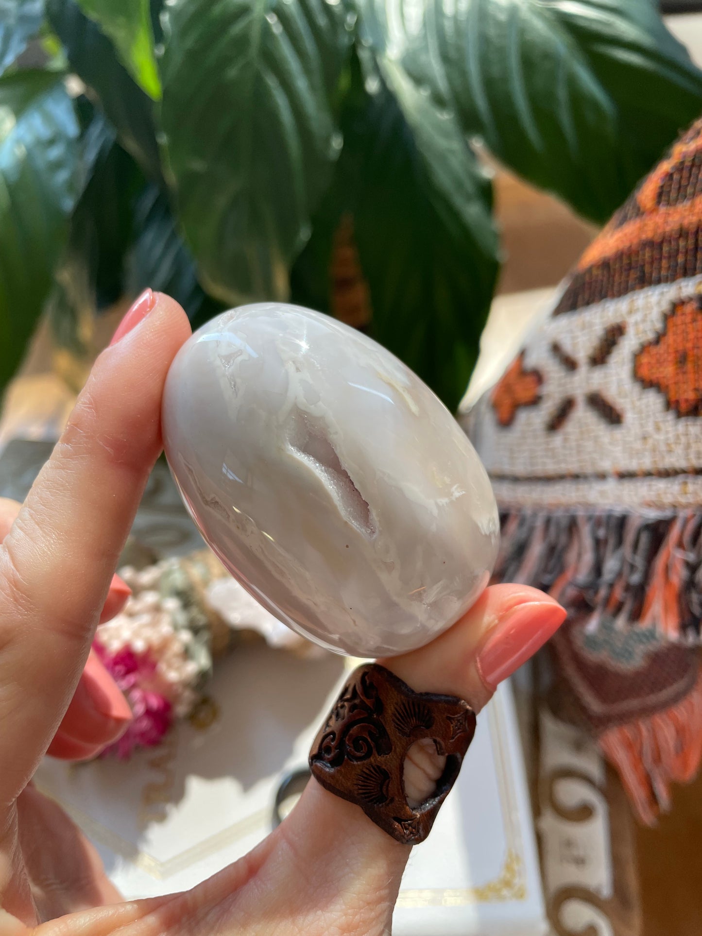 Snow Agate Egg Includes Hematite Ring