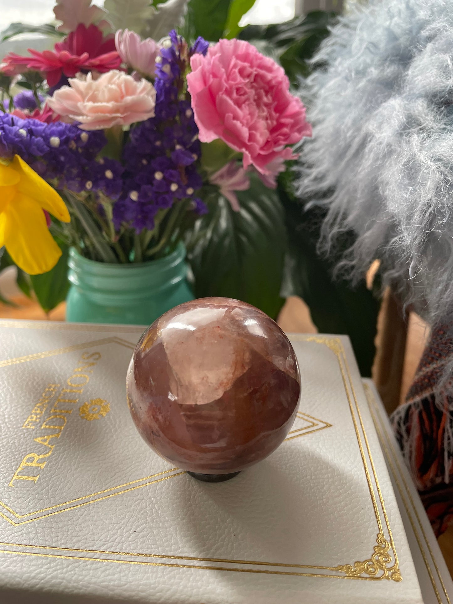 Fire Quartz Sphere Includes Wooden Holder