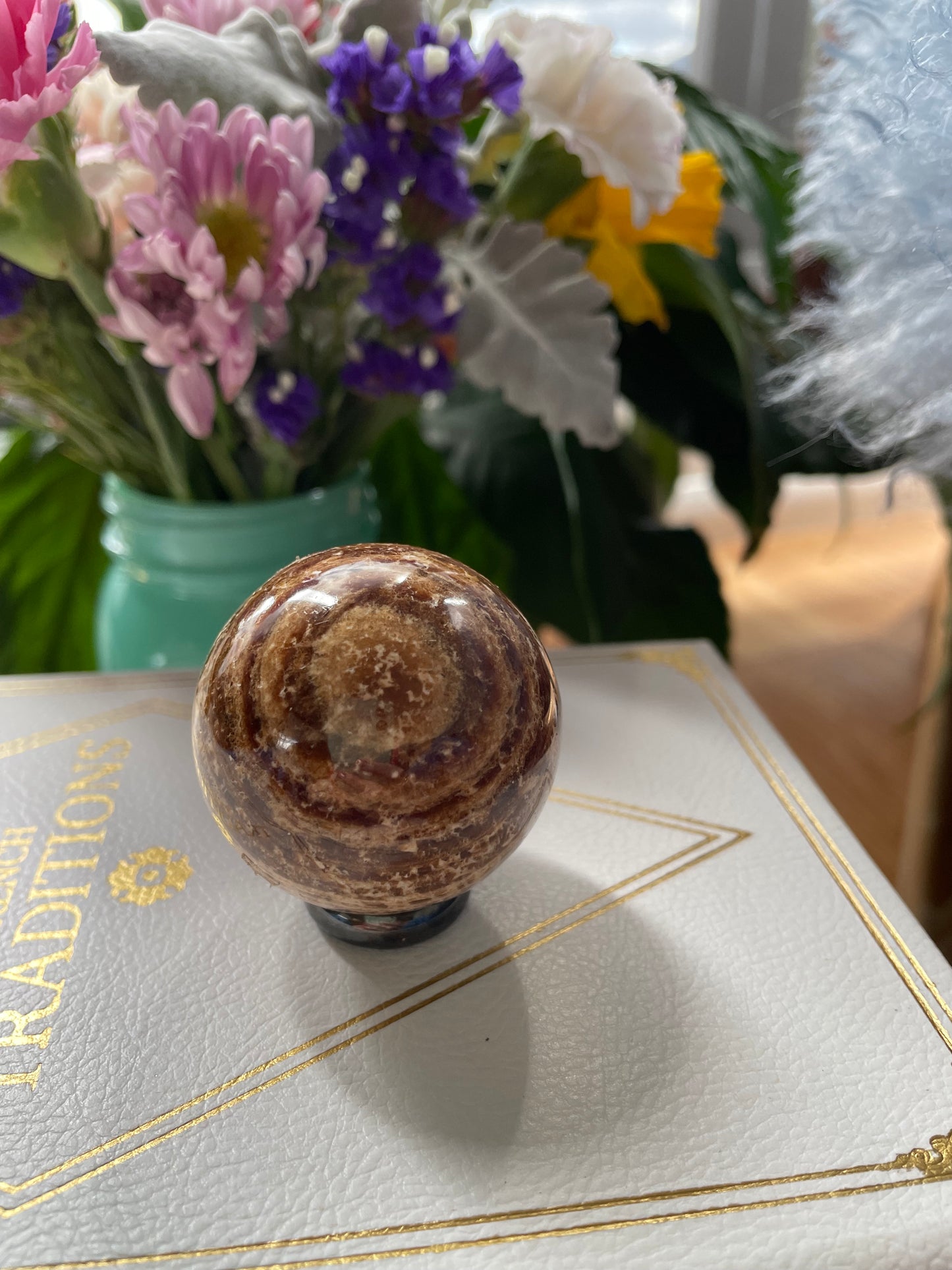 Aragonite Sphere Includes Wooden Holder