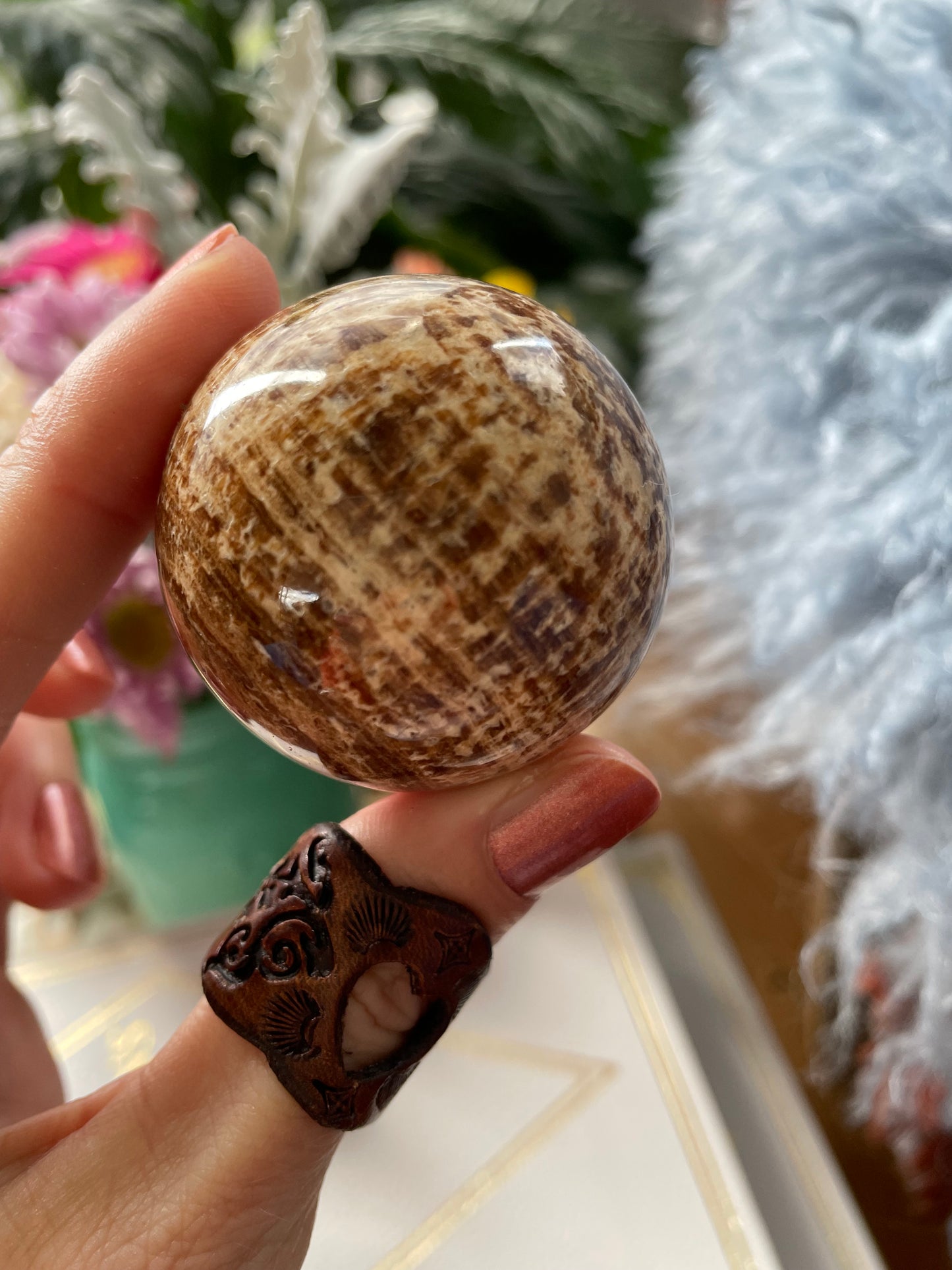 Aragonite Sphere Includes Wooden Holder