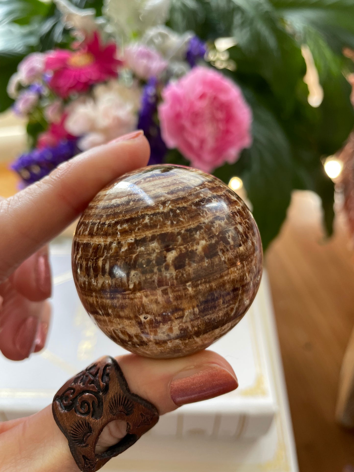 Aragonite Sphere Includes Wooden Holder