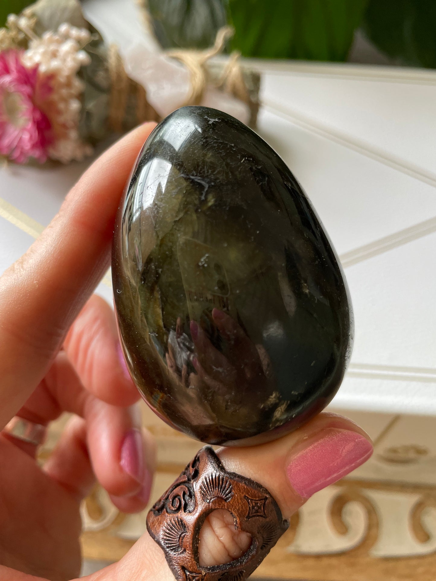 Labradorite Egg Includes Hematite Ring