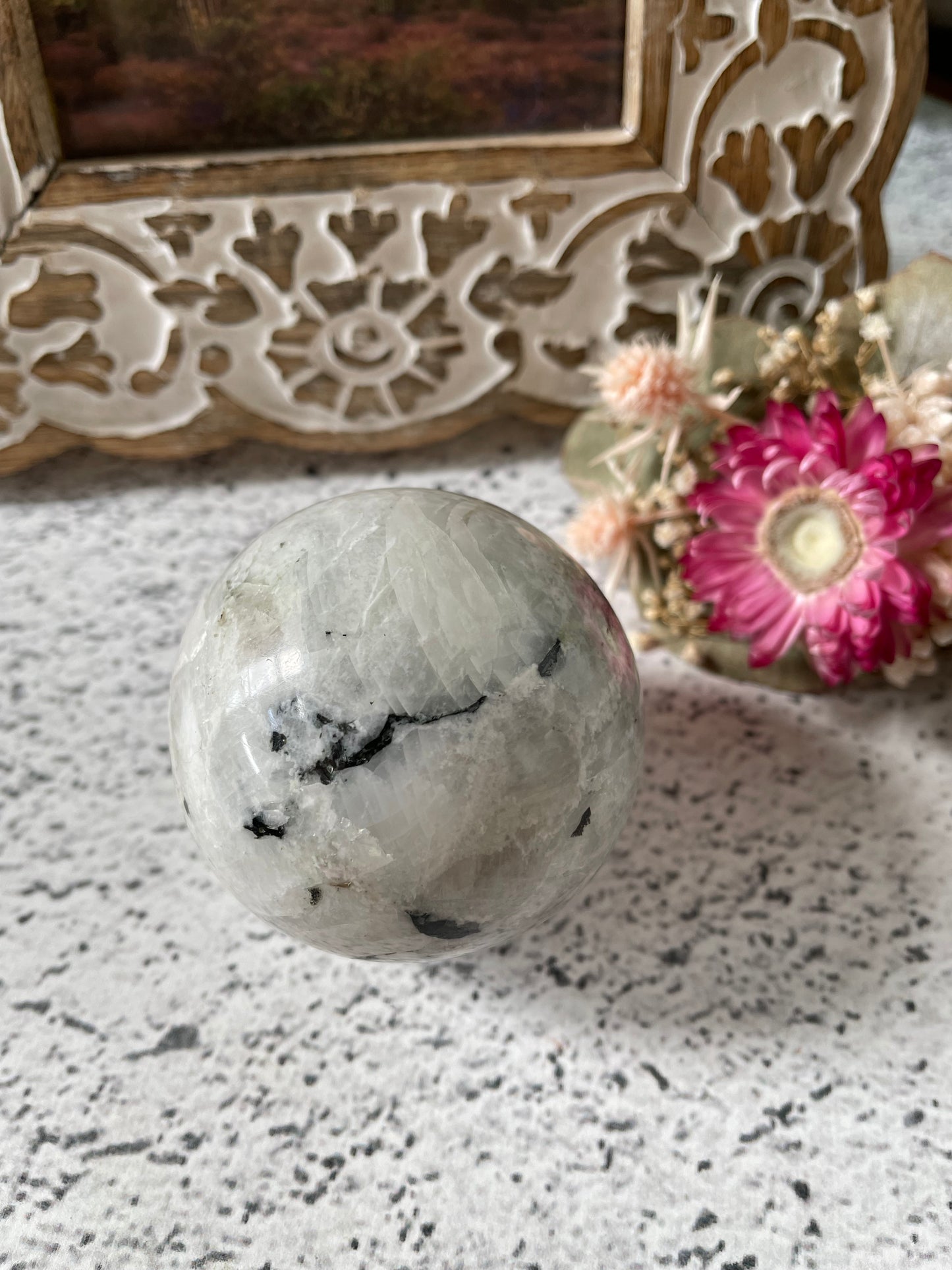 Rainbow Moonstone Sphere Includes Wooden Holder