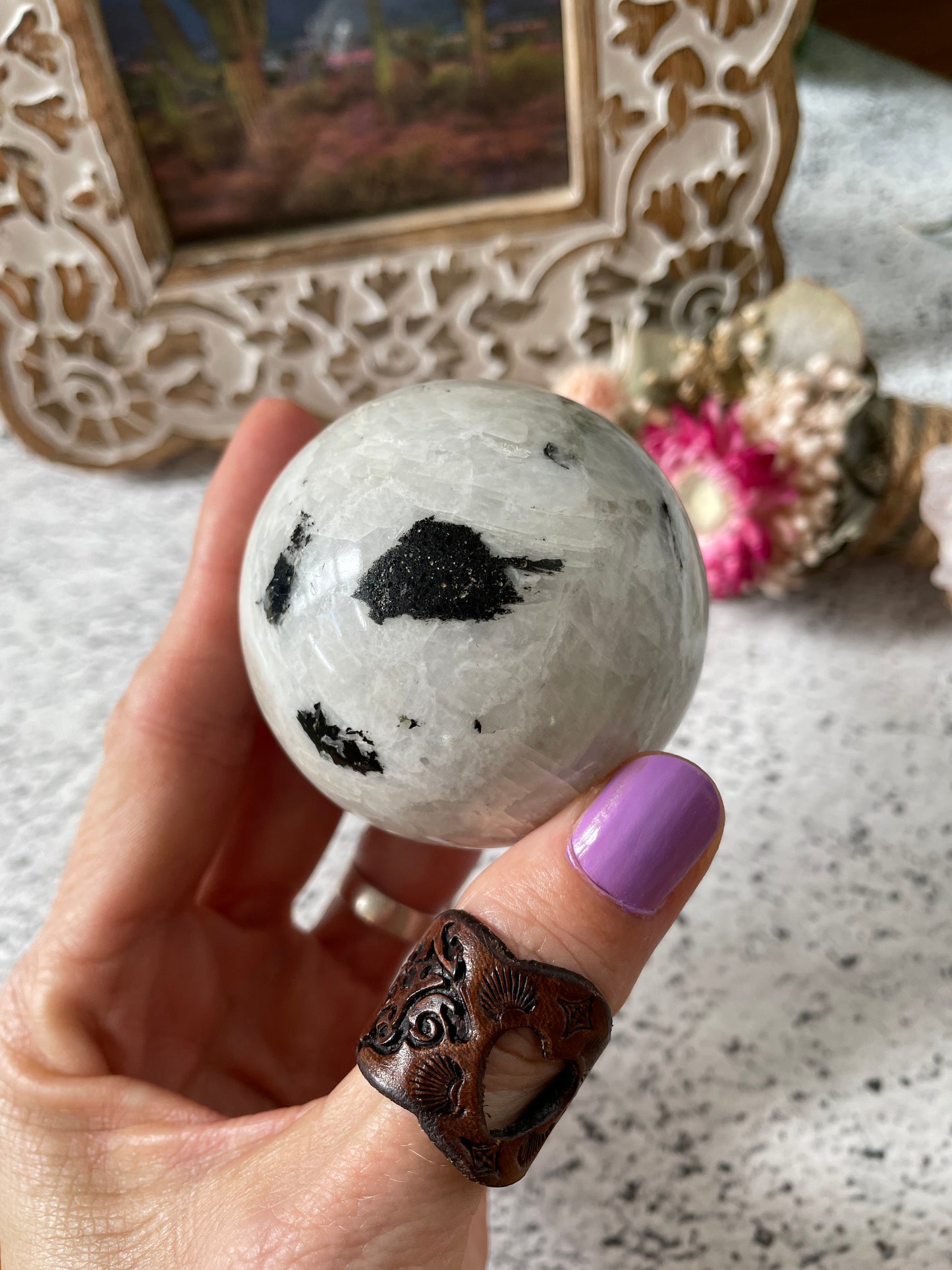 Rainbow Moonstone Sphere Includes Wooden Holder