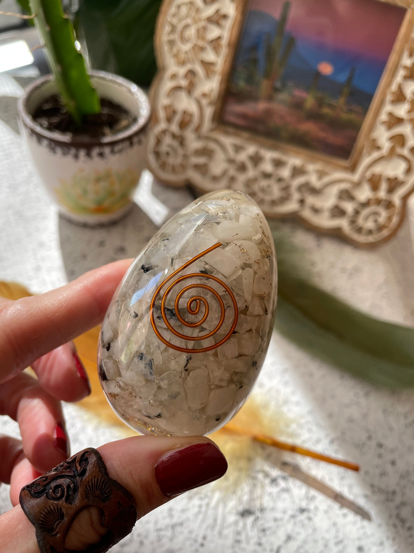 Orgone Egg - Rainbow Moonstone Includes Hematite Ring