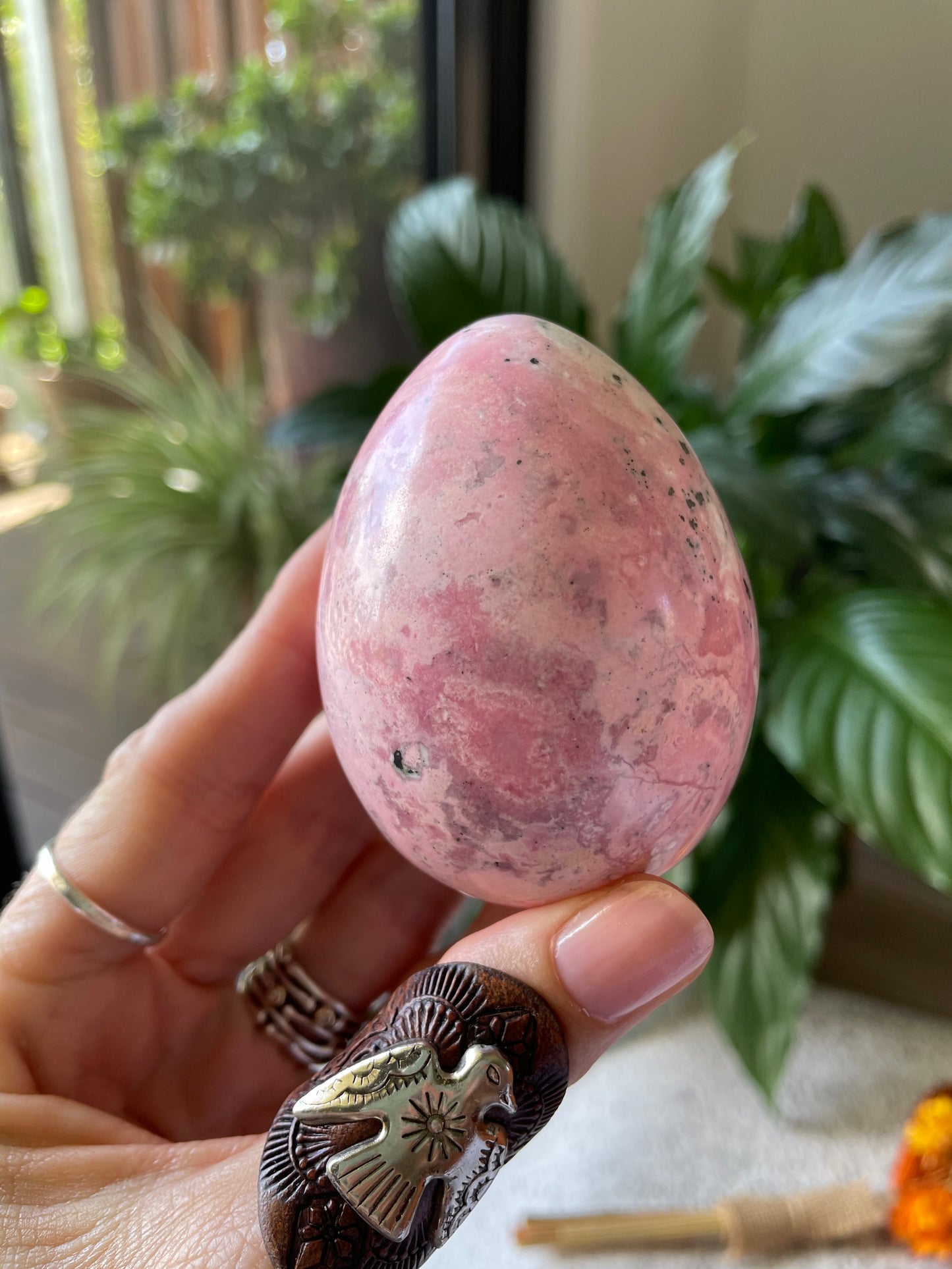 Rhodonite Egg Includes Hematite Ring