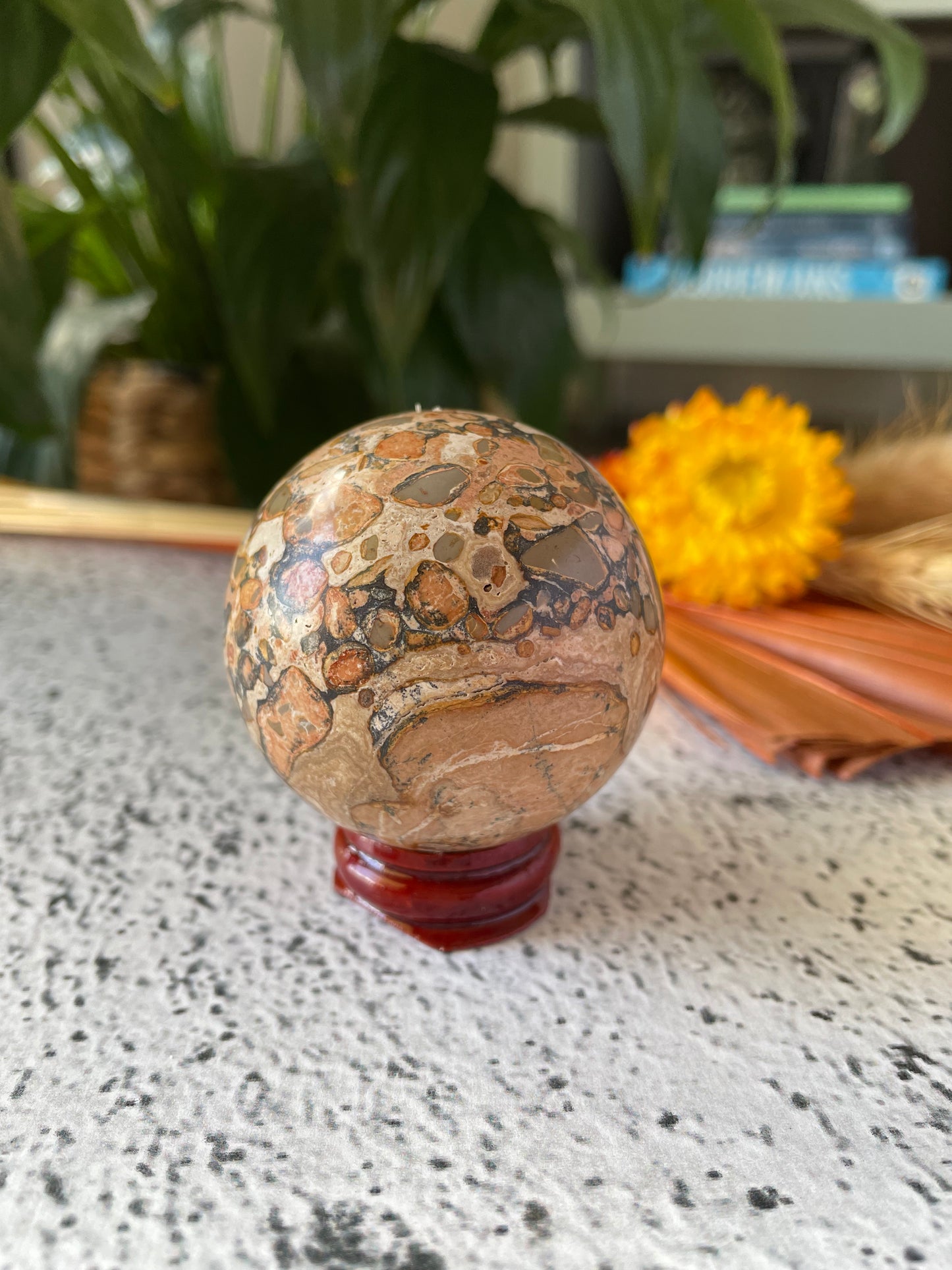 Leopard Skin Jasper Sphere Includes Wooden Holder