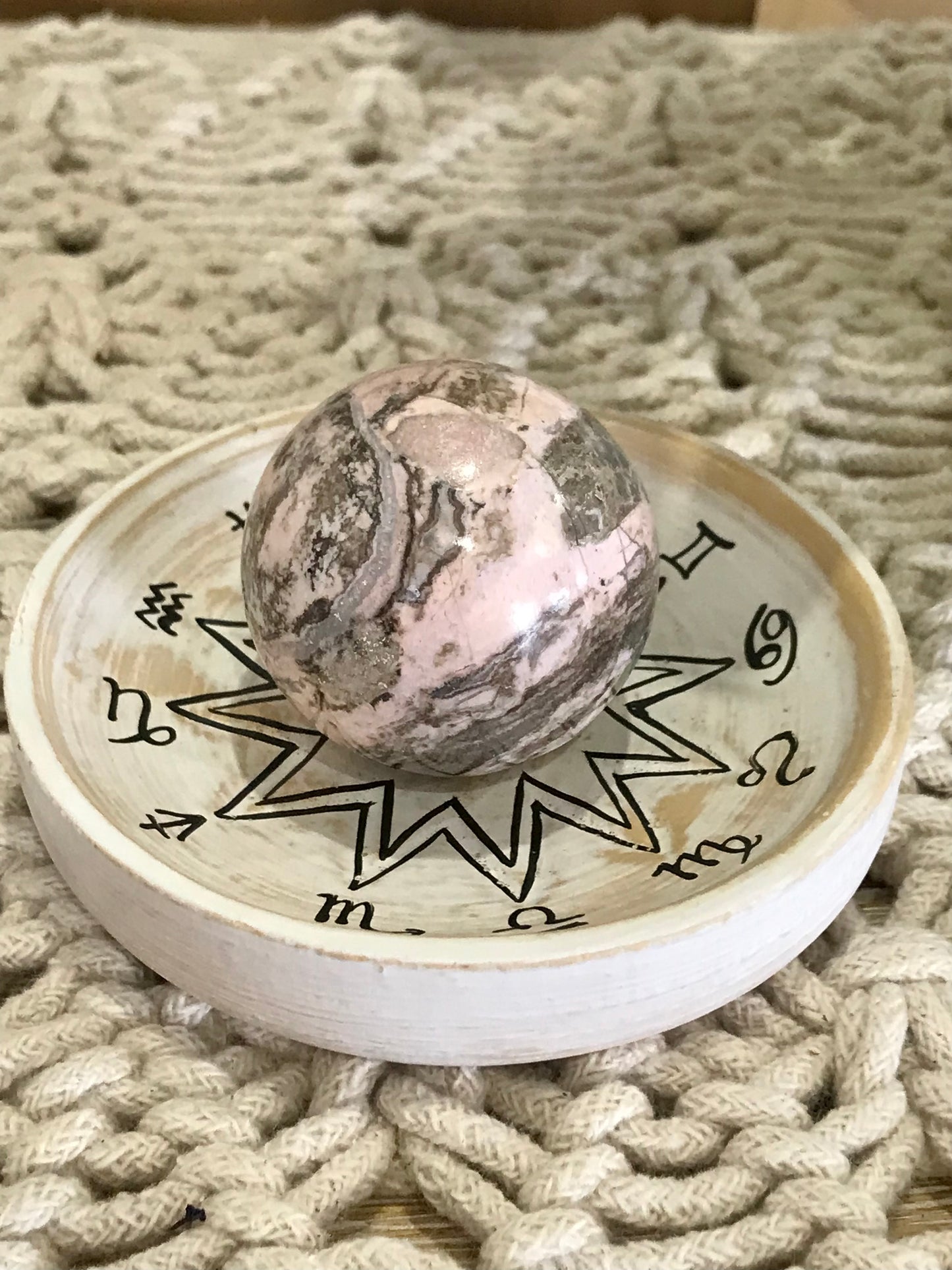 Rhodochrosite Sphere Includes Wooden Holder