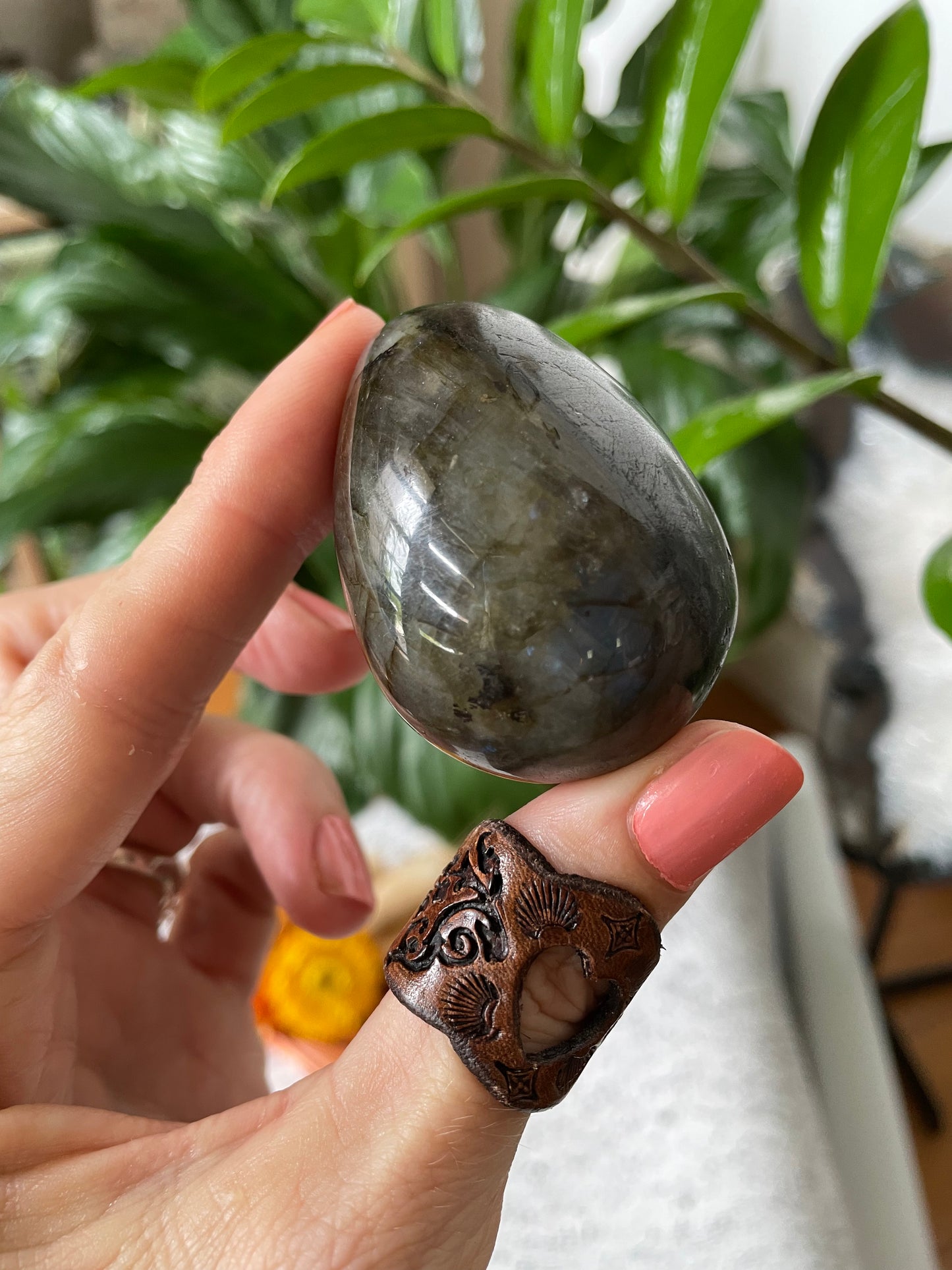 Labradorite Egg Includes Hematite Ring