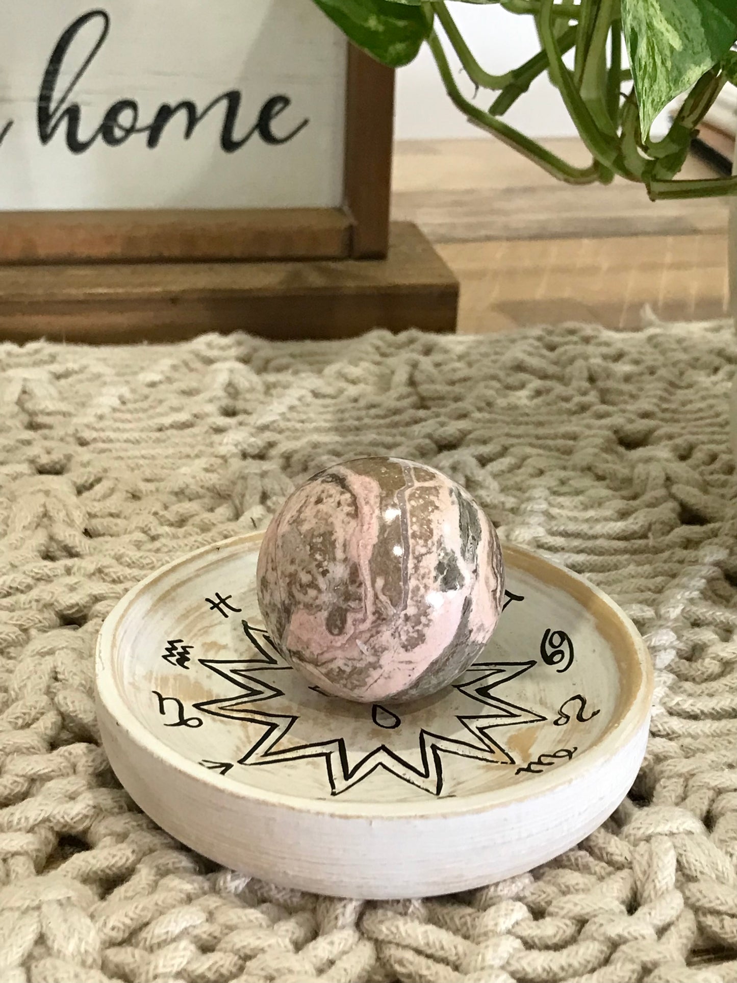 Rhodochrosite Sphere Includes Wooden Holder