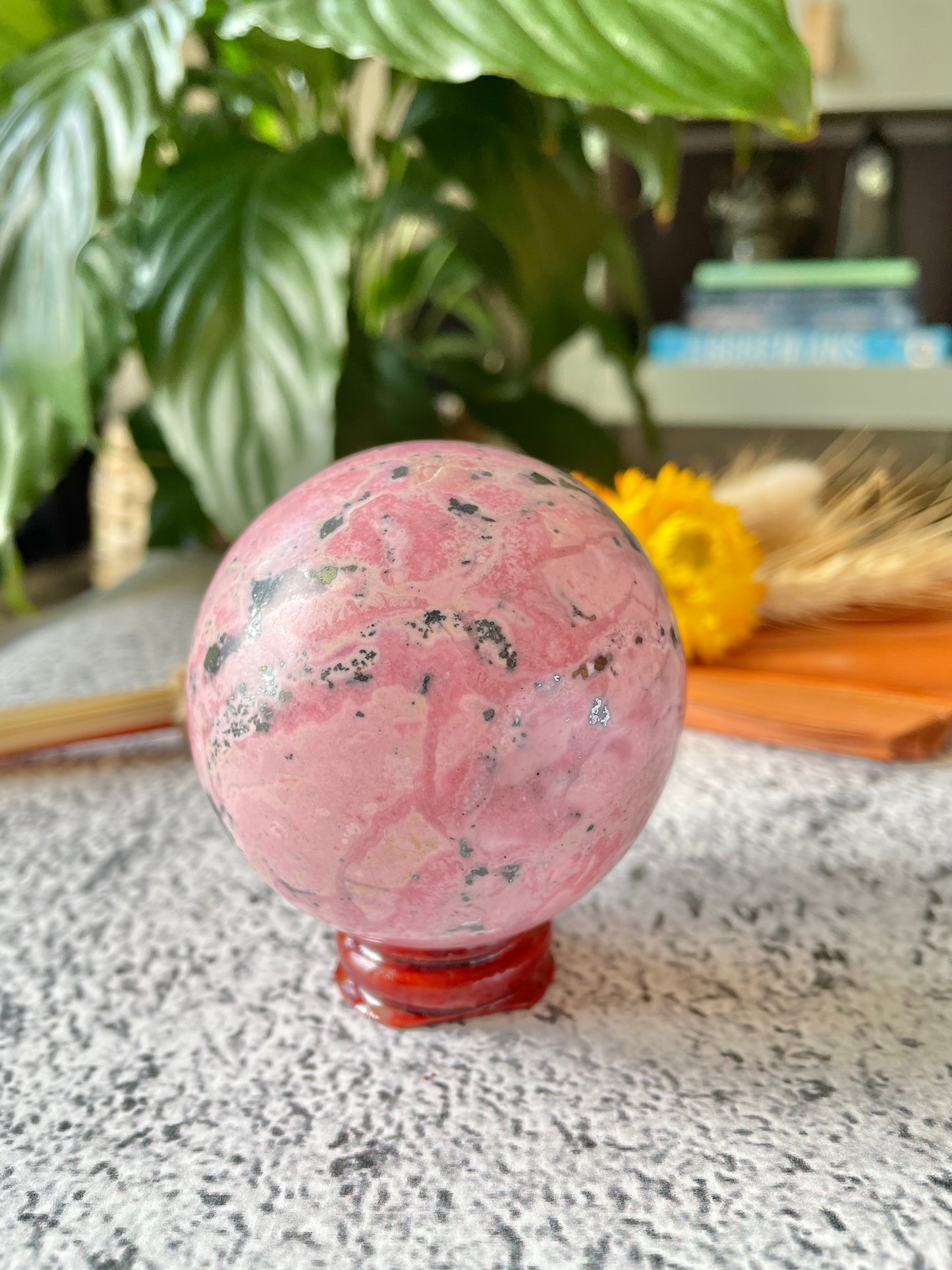 Rhodonite Sphere Includes Wooden Holder