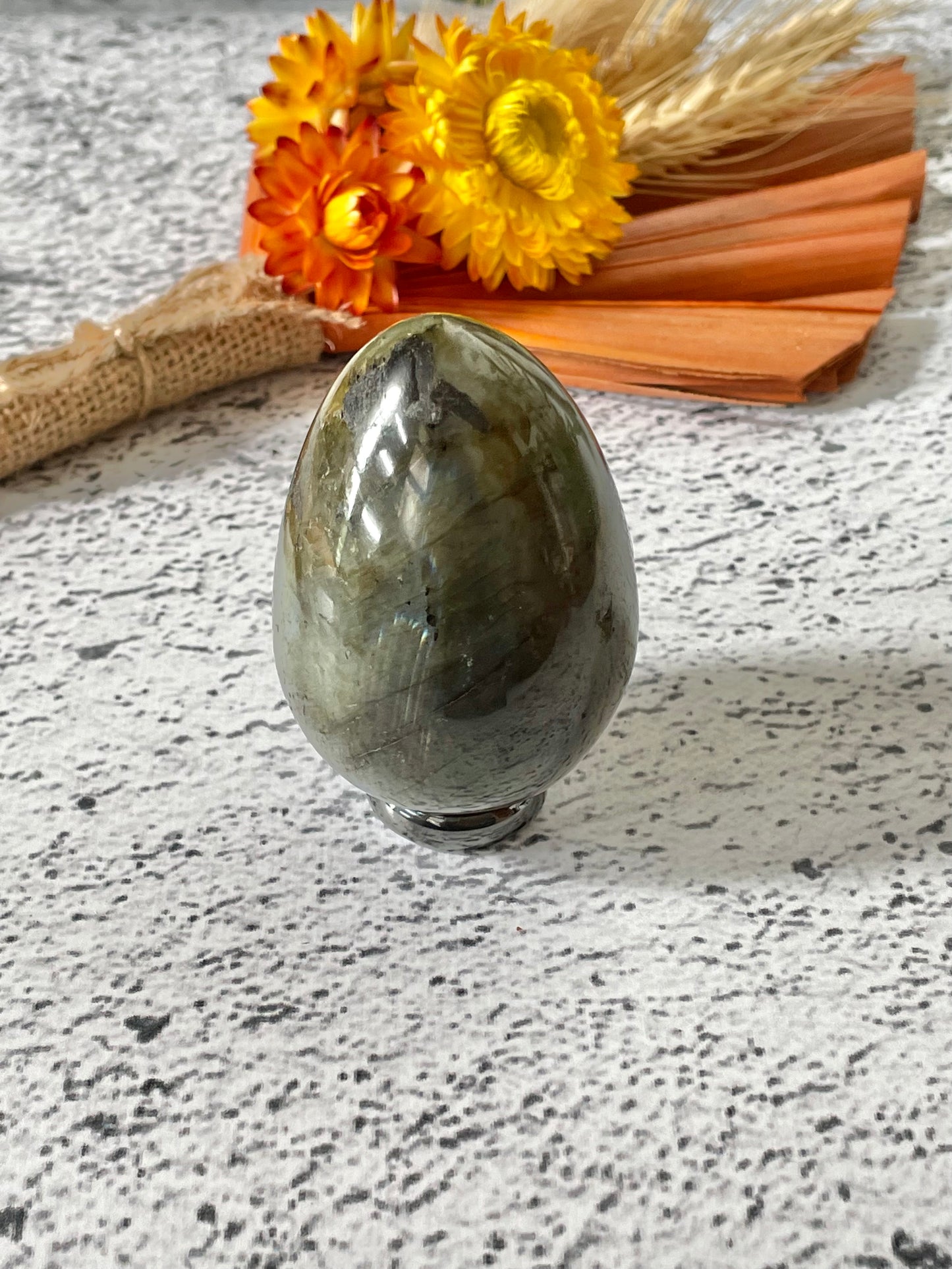 Labradorite Egg Includes Hematite Ring