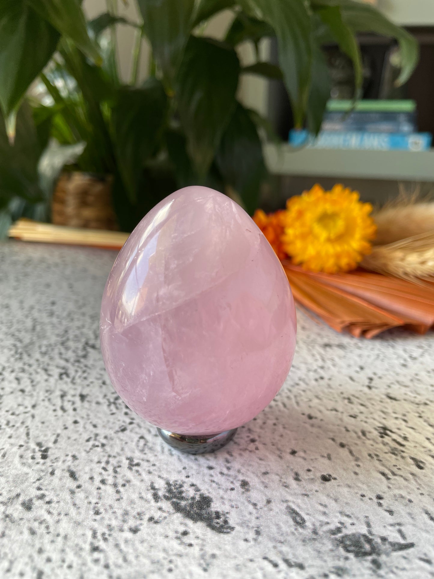 Rose Quartz Egg Includes Hematite Ring